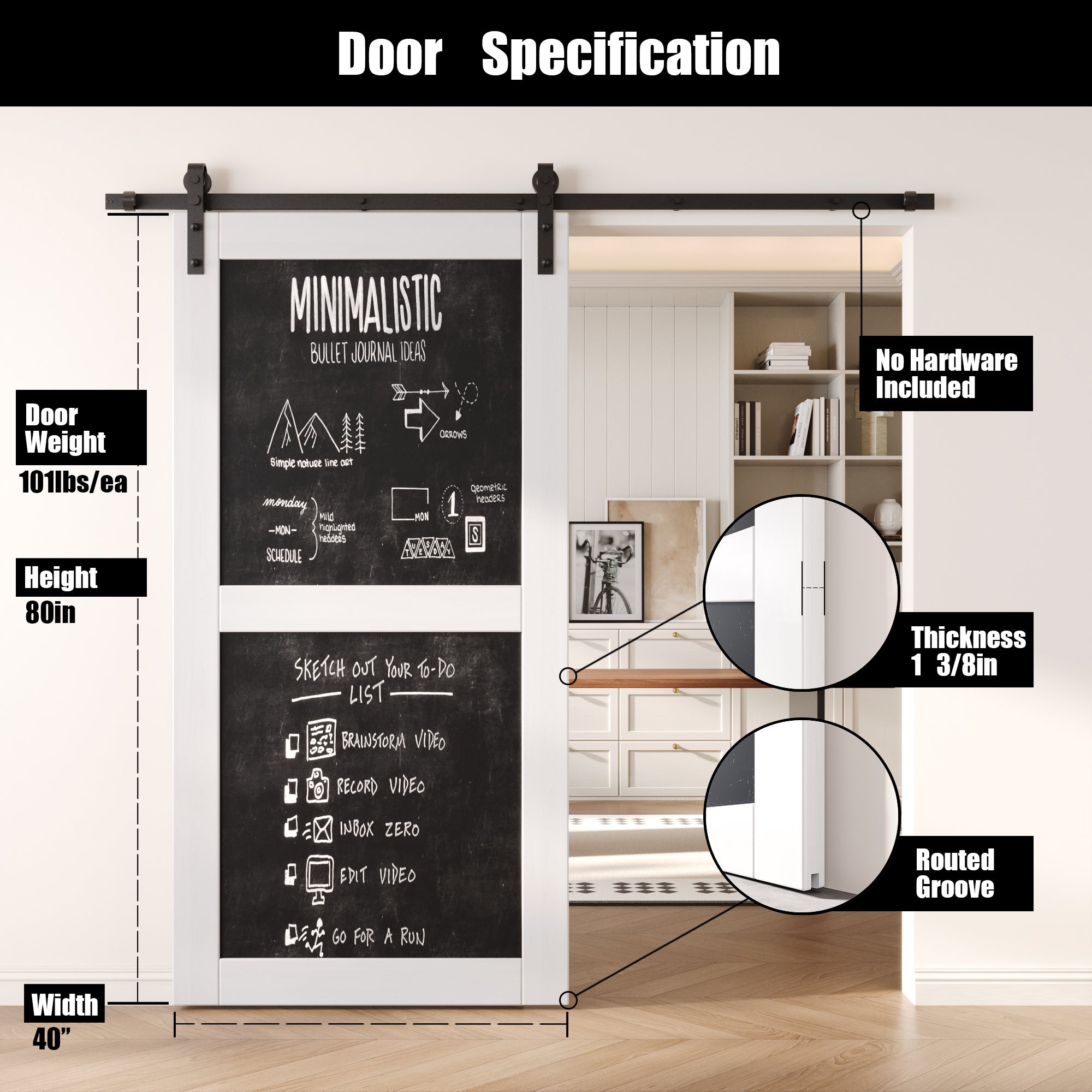 80" Height White Chalkboard Design Unassembled & Finished Pine Wood Barn Door (Interior Use Only)