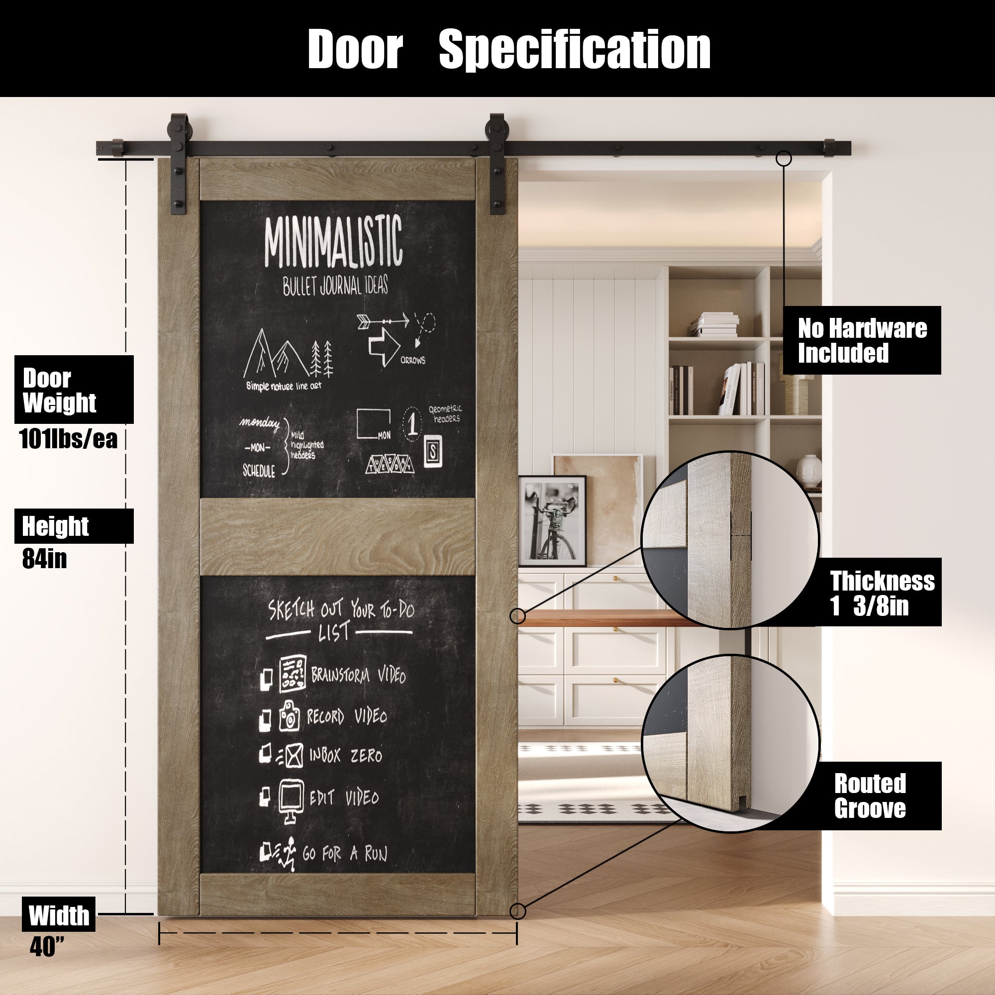 84" Height Classic Gray Chalkboard Design Unassembled & Finished Pine Wood Barn Door (Interior Use Only)