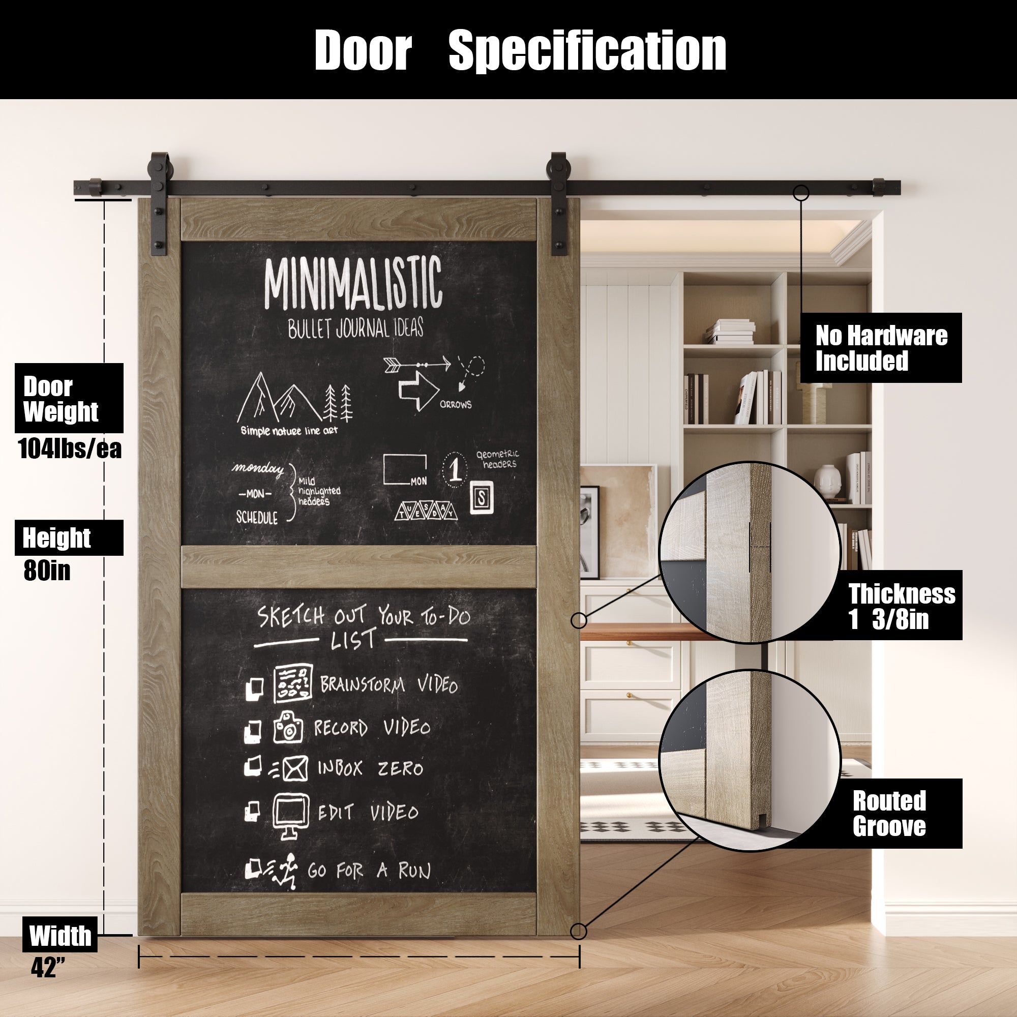 80" Height Classic Gray Chalkboard Design Unassembled & Finished Pine Wood Barn Door (Interior Use Only)