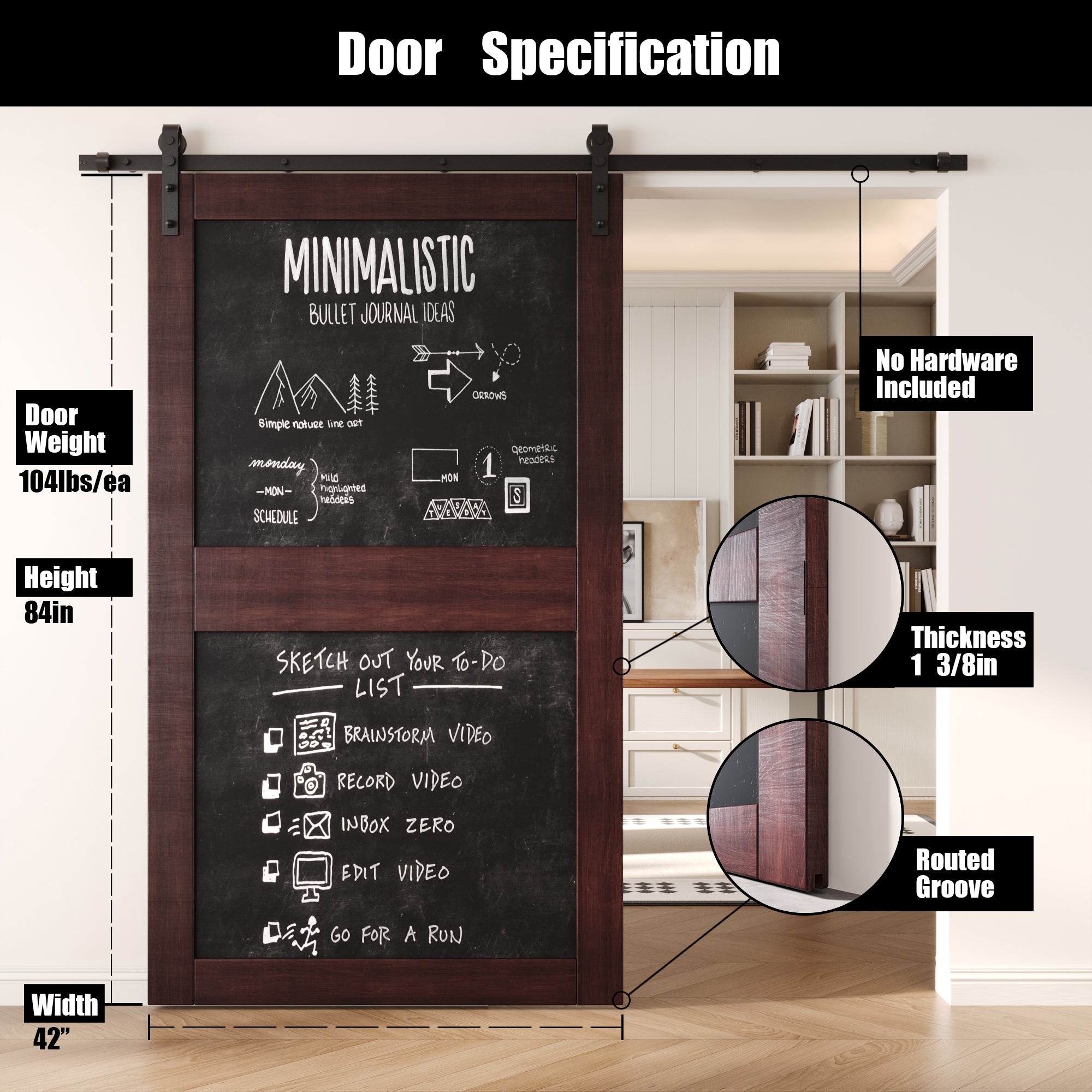 84" Height Red Mahogany Chalkboard Design Unassembled & Finished Pine Wood Barn Door (Interior Use Only)