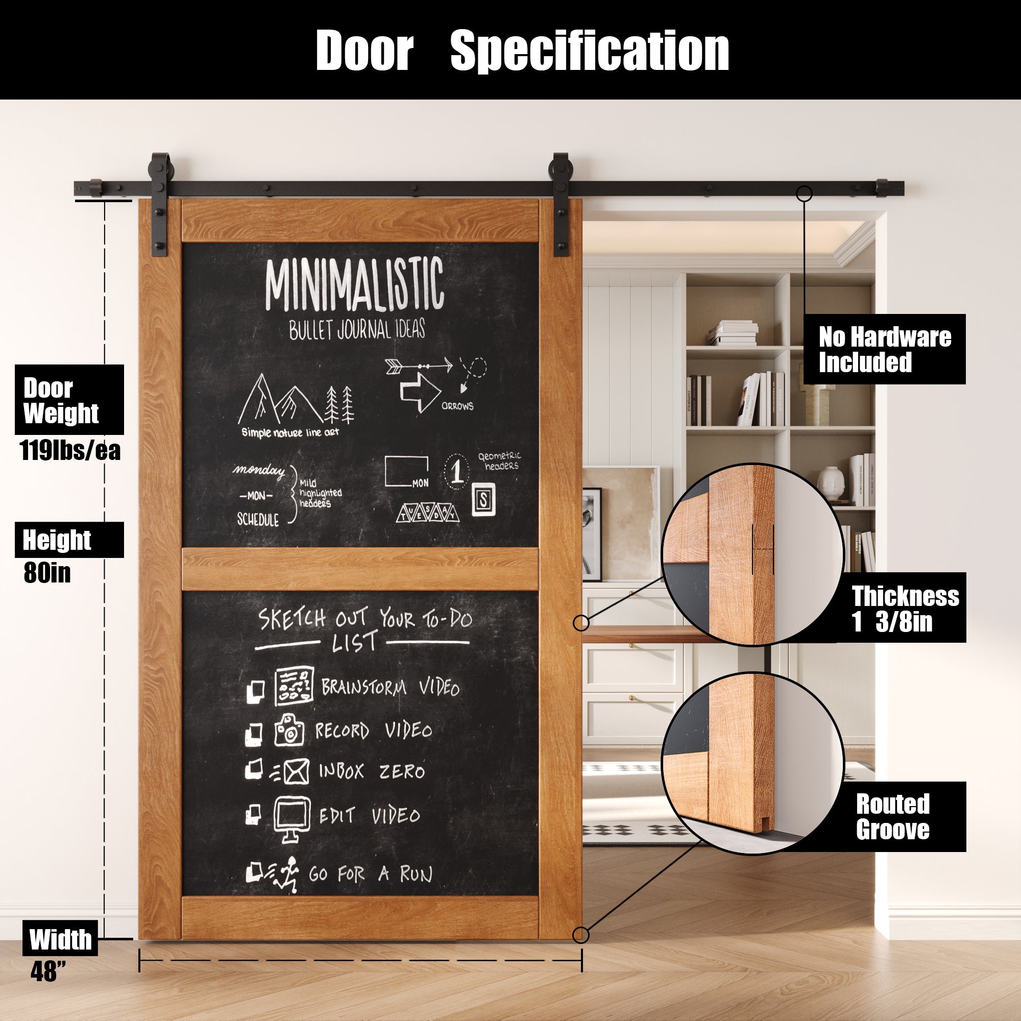 80" Height Early American Chalkboard Design Unassembled & Finished Pine Wood Barn Door (Interior Use Only)
