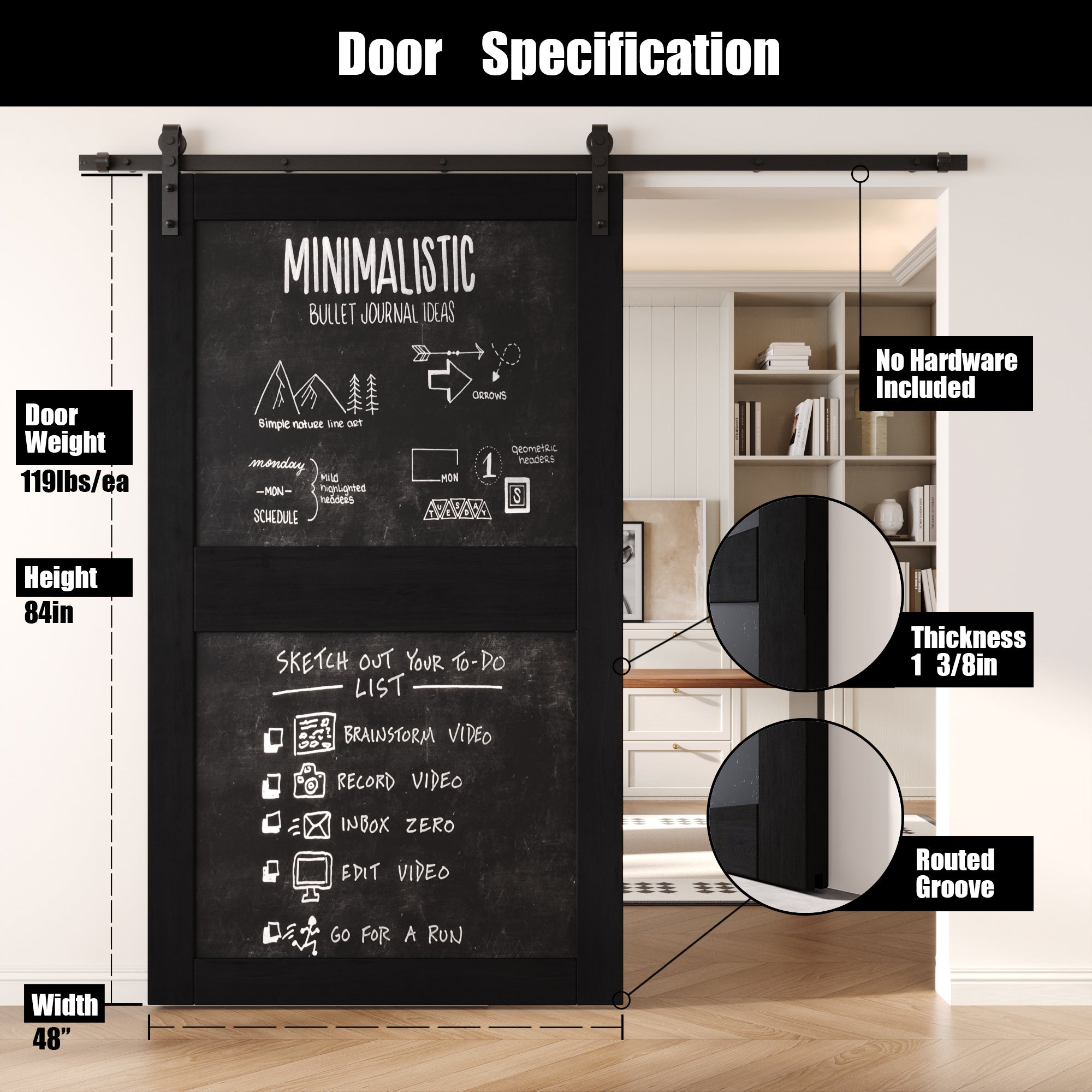 84" Height Black Chalkboard Design Unassembled & Finished Pine Wood Barn Door (Interior Use Only)
