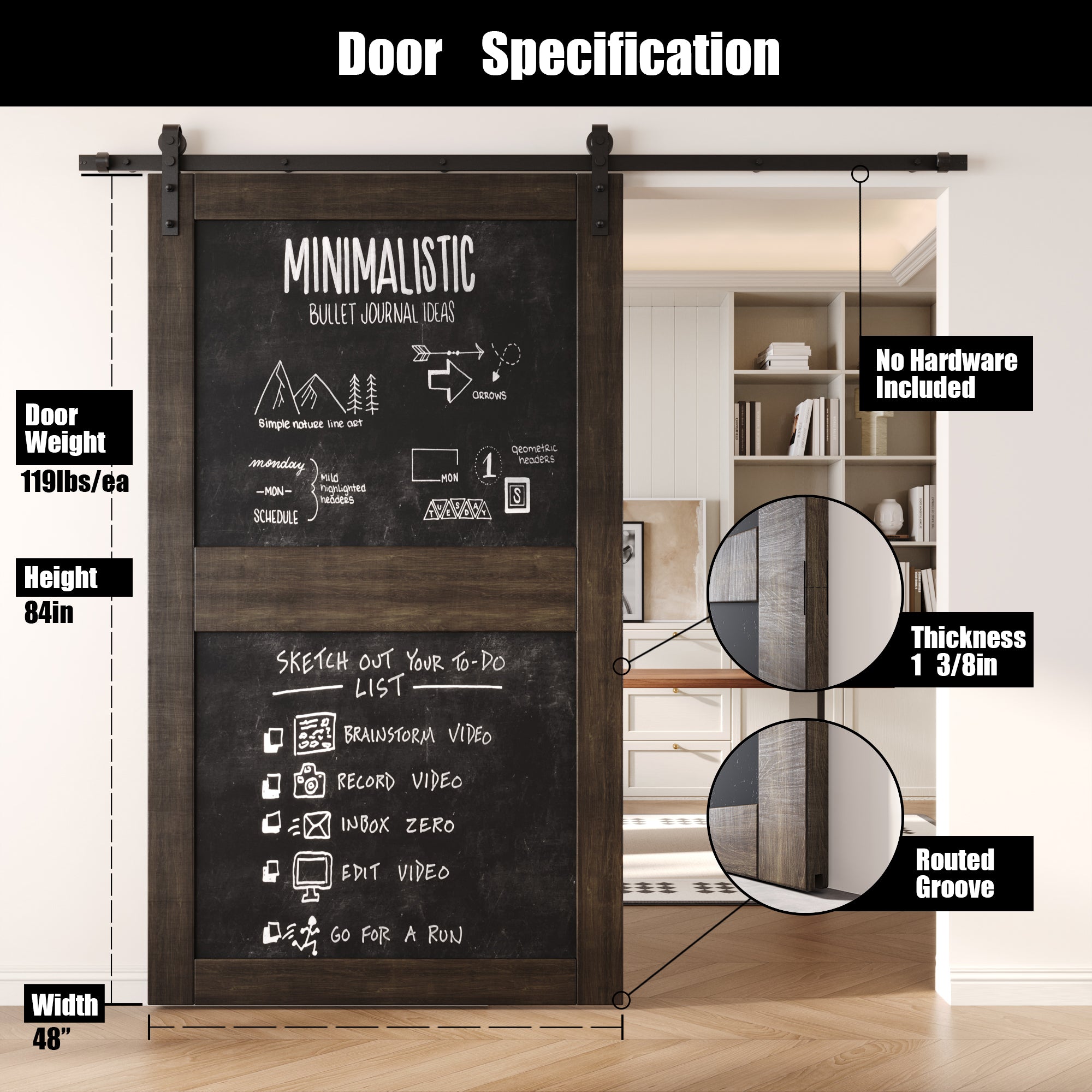 84" Height Ebony Chalkboard Design Unassembled & Finished Pine Wood Barn Door (Interior Use Only)
