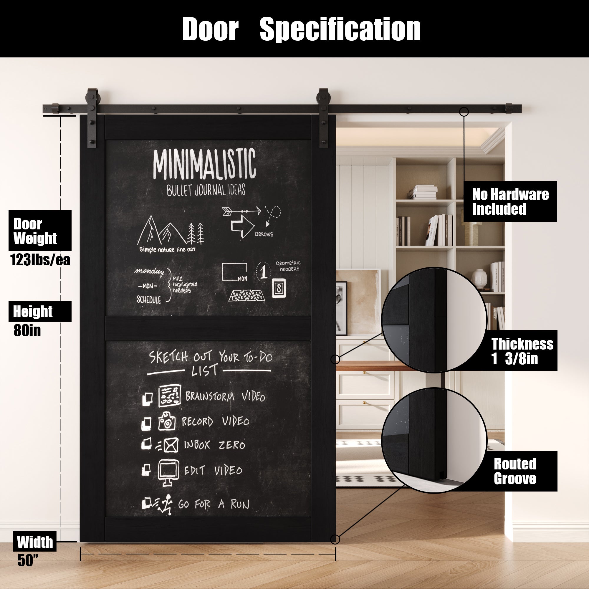 80" Height Black Chalkboard Design Unassembled & Finished Pine Wood Barn Door (Interior Use Only)