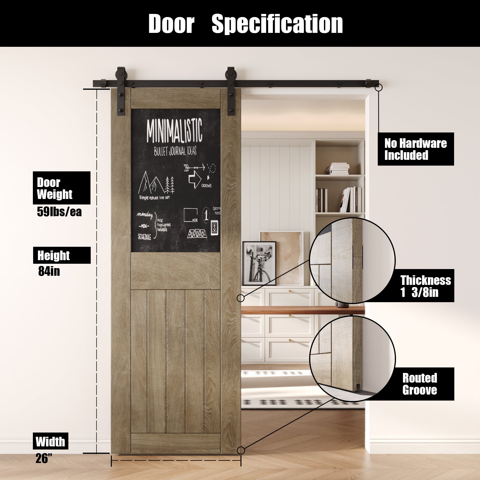 84" Height Classic Gray Top Chalkboard Panel Unassembled & Finished Pine Wood Barn Door (Interior Use Only)