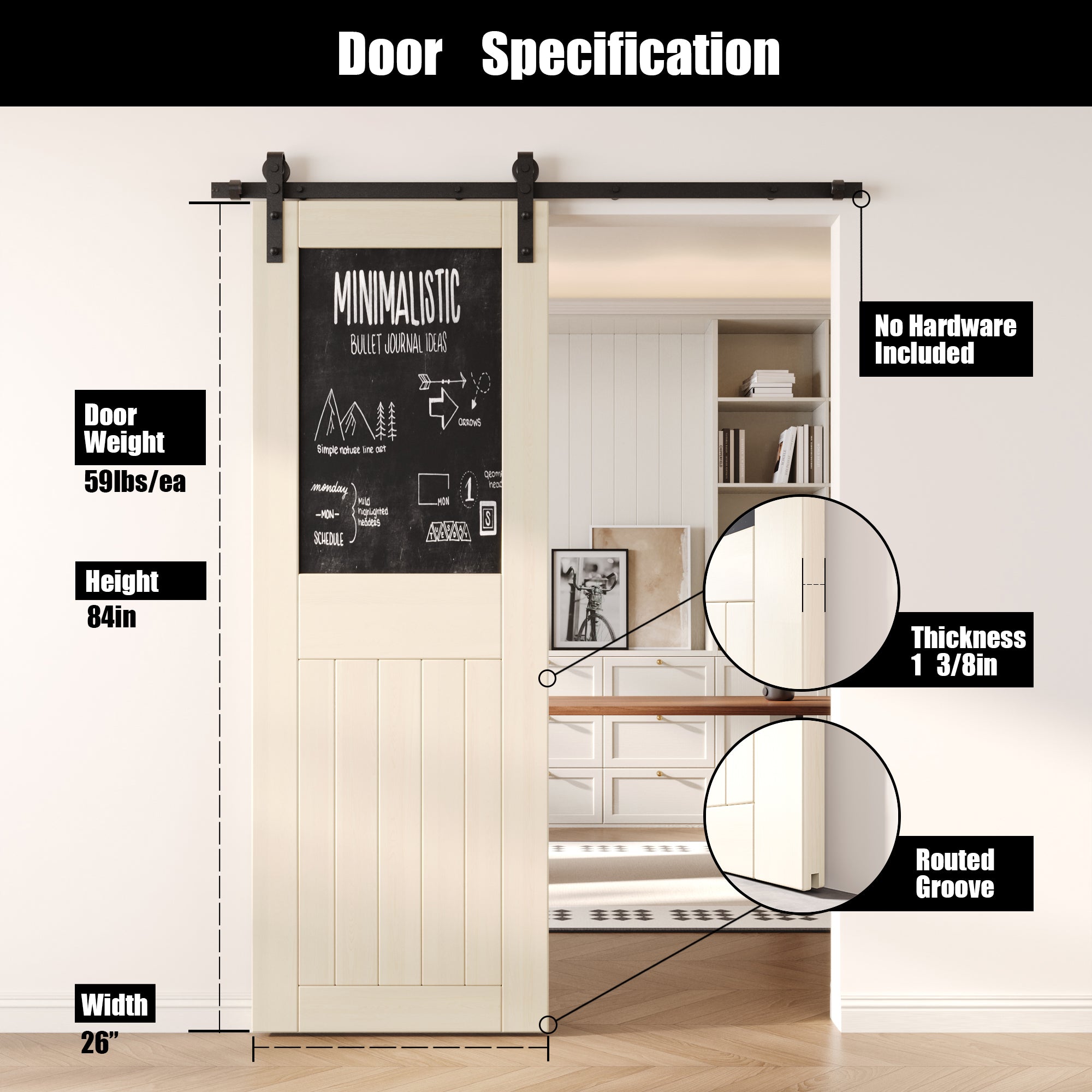 84" Height Tinsmith Gray Top Chalkboard Panel Unassembled & Finished Pine Wood Barn Door (Interior Use Only)