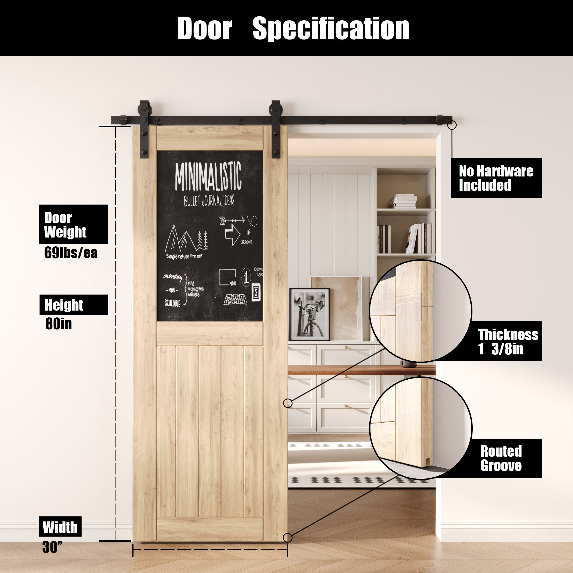 80" Height Top Chalkboard Panel Unassembled & Unfinished Pine Wood Barn Door (Interior Use Only)