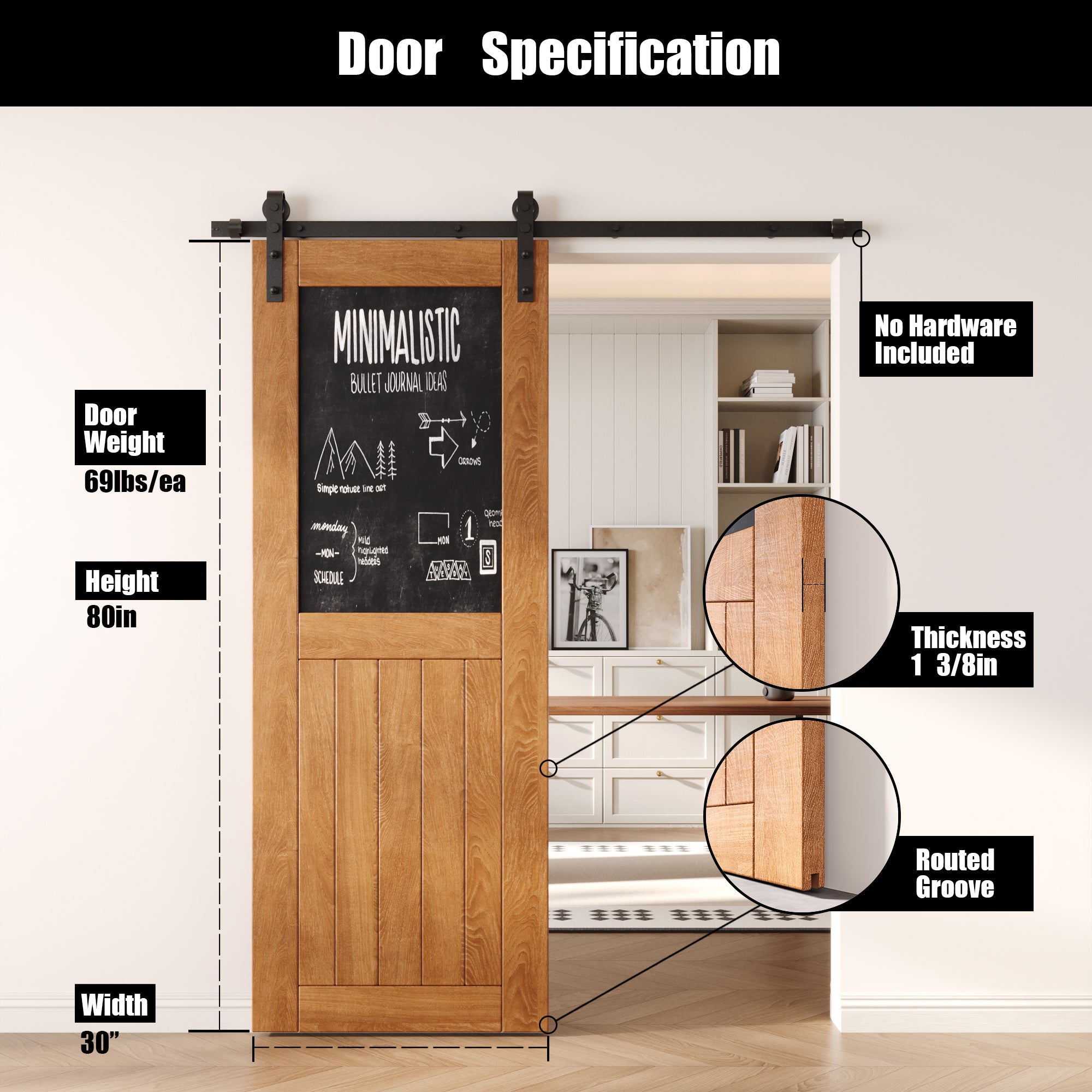 80" Height Early American Top Chalkboard Panel Unassembled & Finished Pine Wood Barn Door (Interior Use Only)