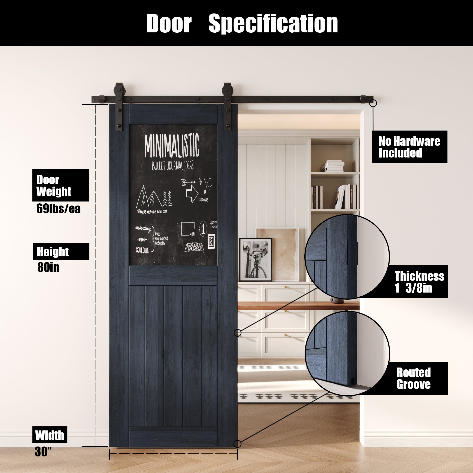 80" Height Navy Top Chalkboard Panel Unassembled & Finished Pine Wood Barn Door (Interior Use Only)