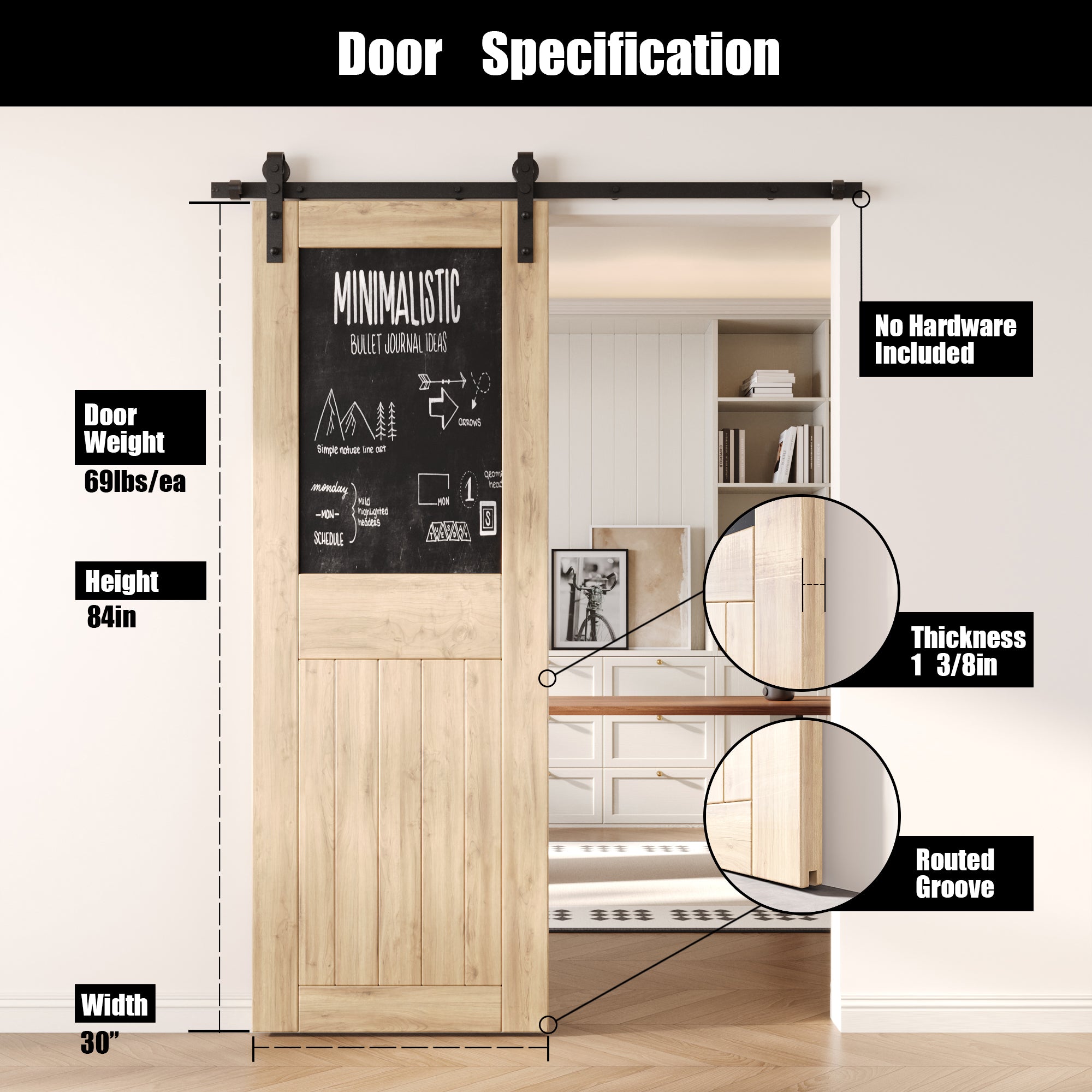 84" Height Top Chalkboard Panel Unassembled & Unfinished Pine Wood Barn Door (Interior Use Only)
