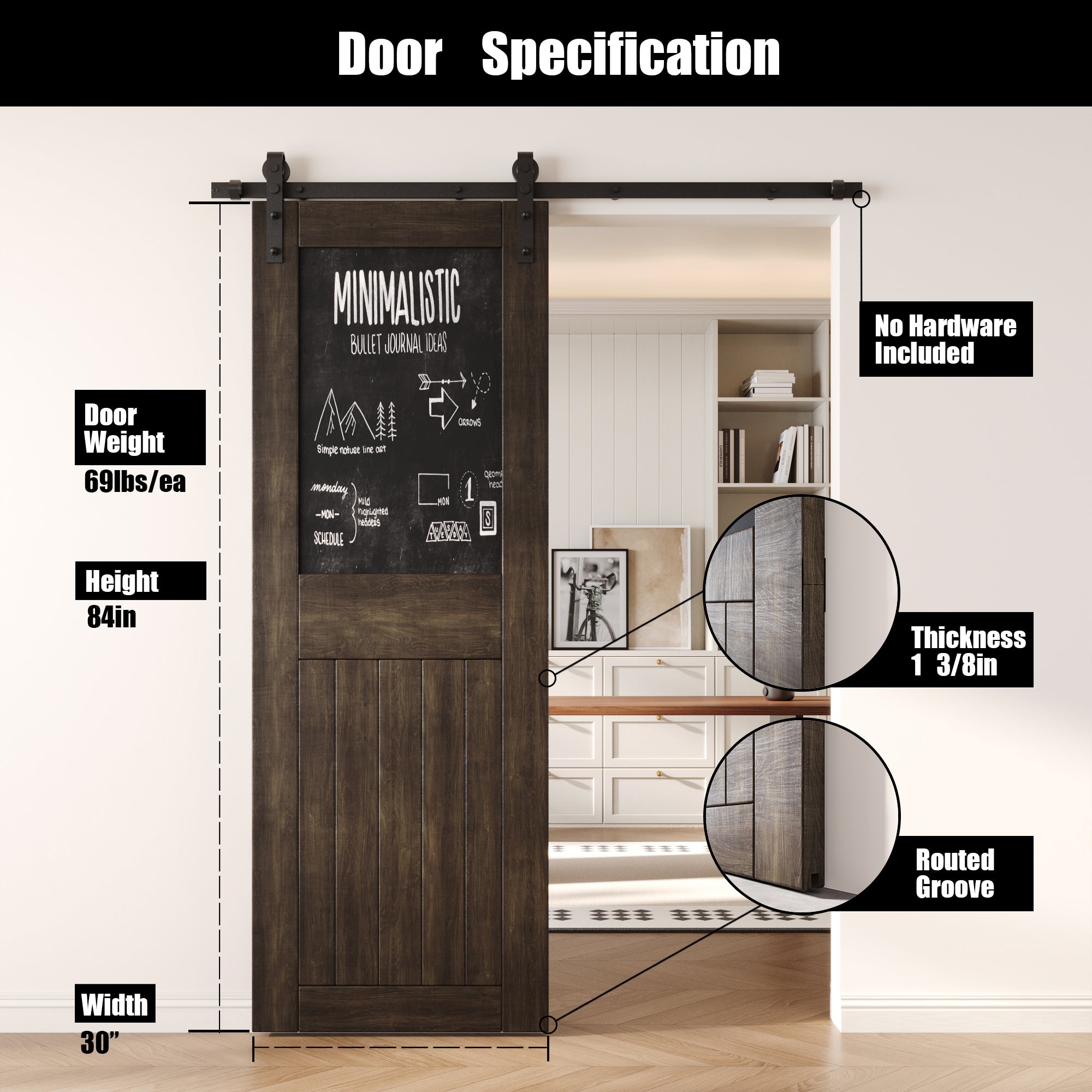 84" Height Ebony Top Chalkboard Panel Unassembled & Finished Pine Wood Barn Door (Interior Use Only)