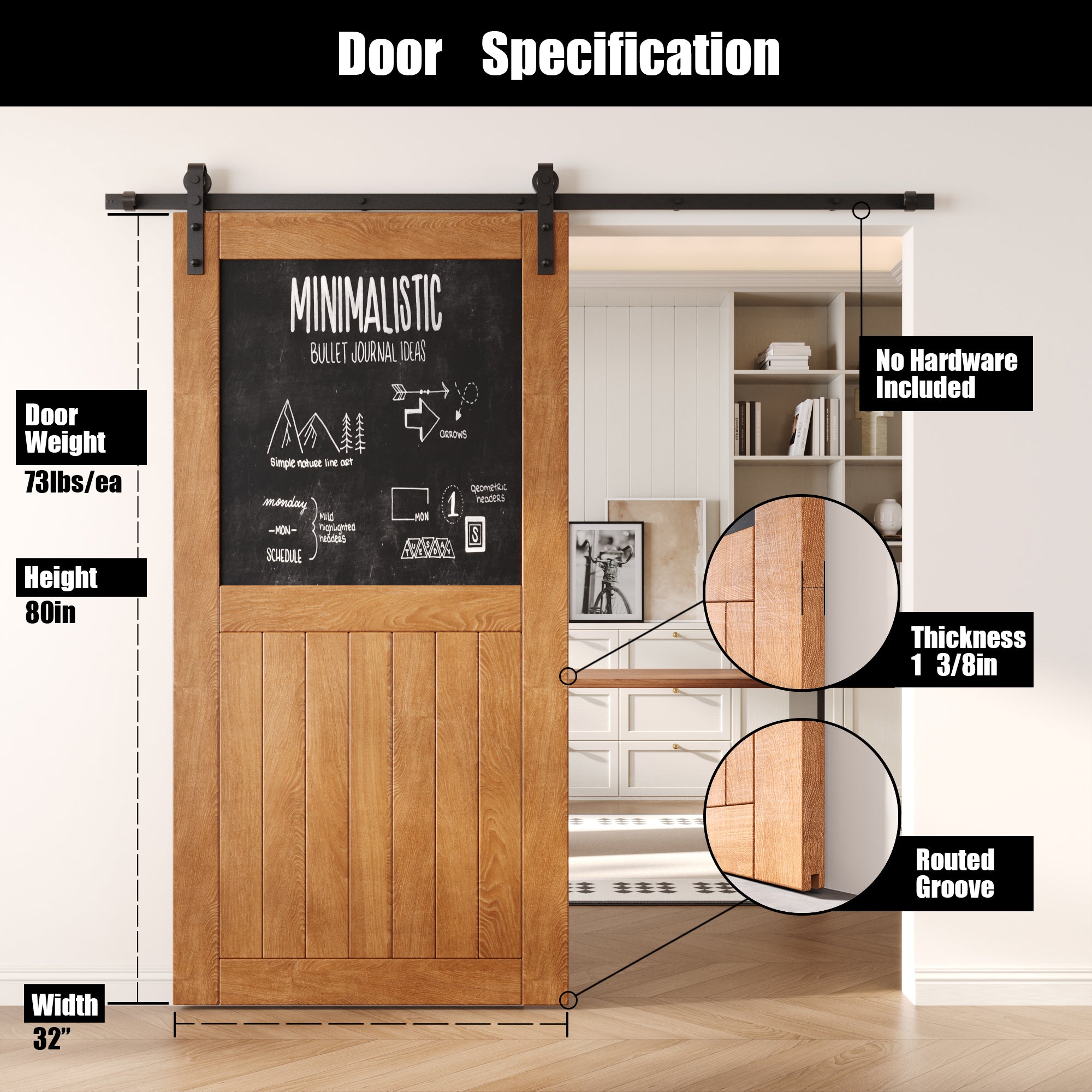 80" Height Early American Top Chalkboard Panel Unassembled & Finished Pine Wood Barn Door (Interior Use Only)