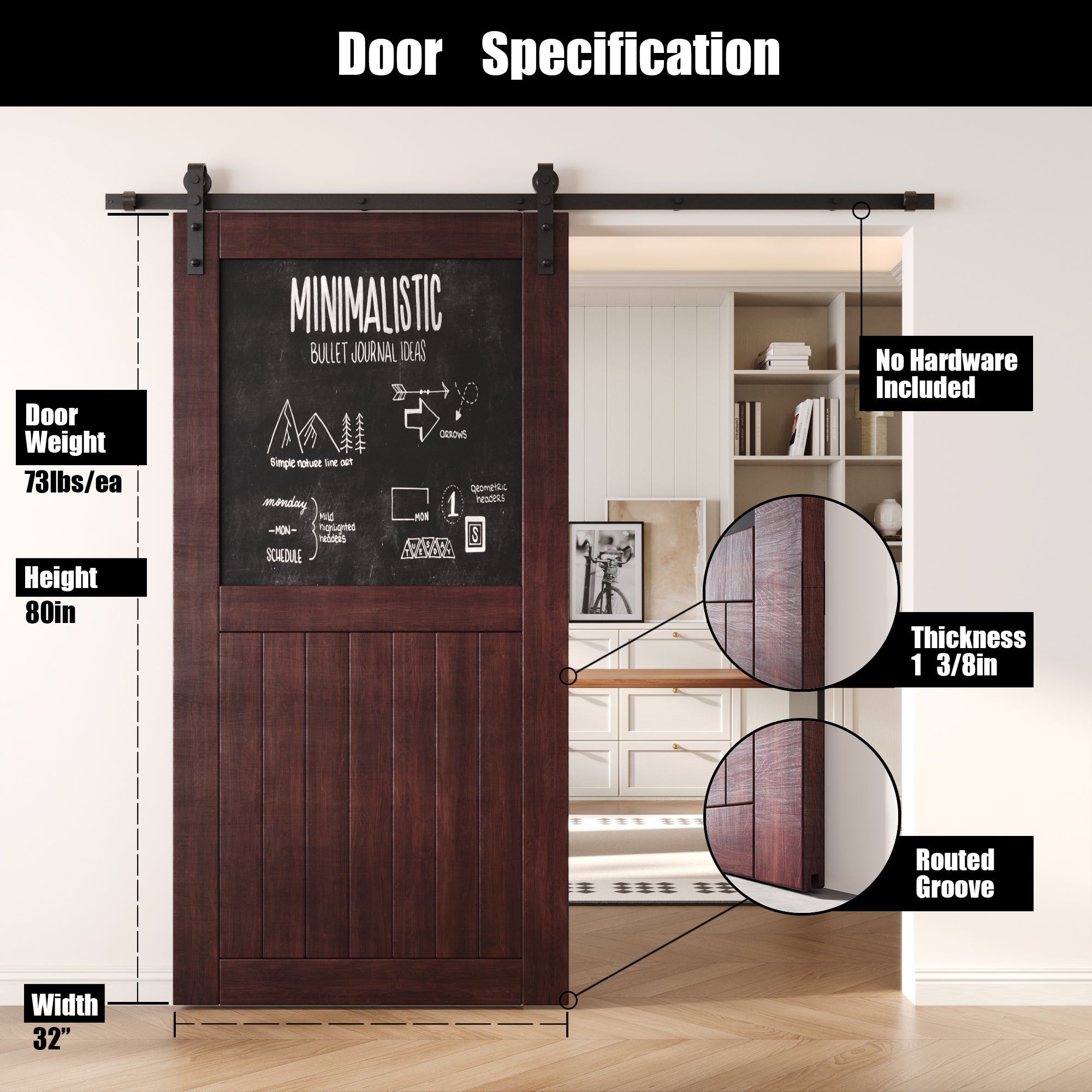 80" Height Red Mahogany Top Chalkboard Panel Unassembled & Finished Pine Wood Barn Door (Interior Use Only)
