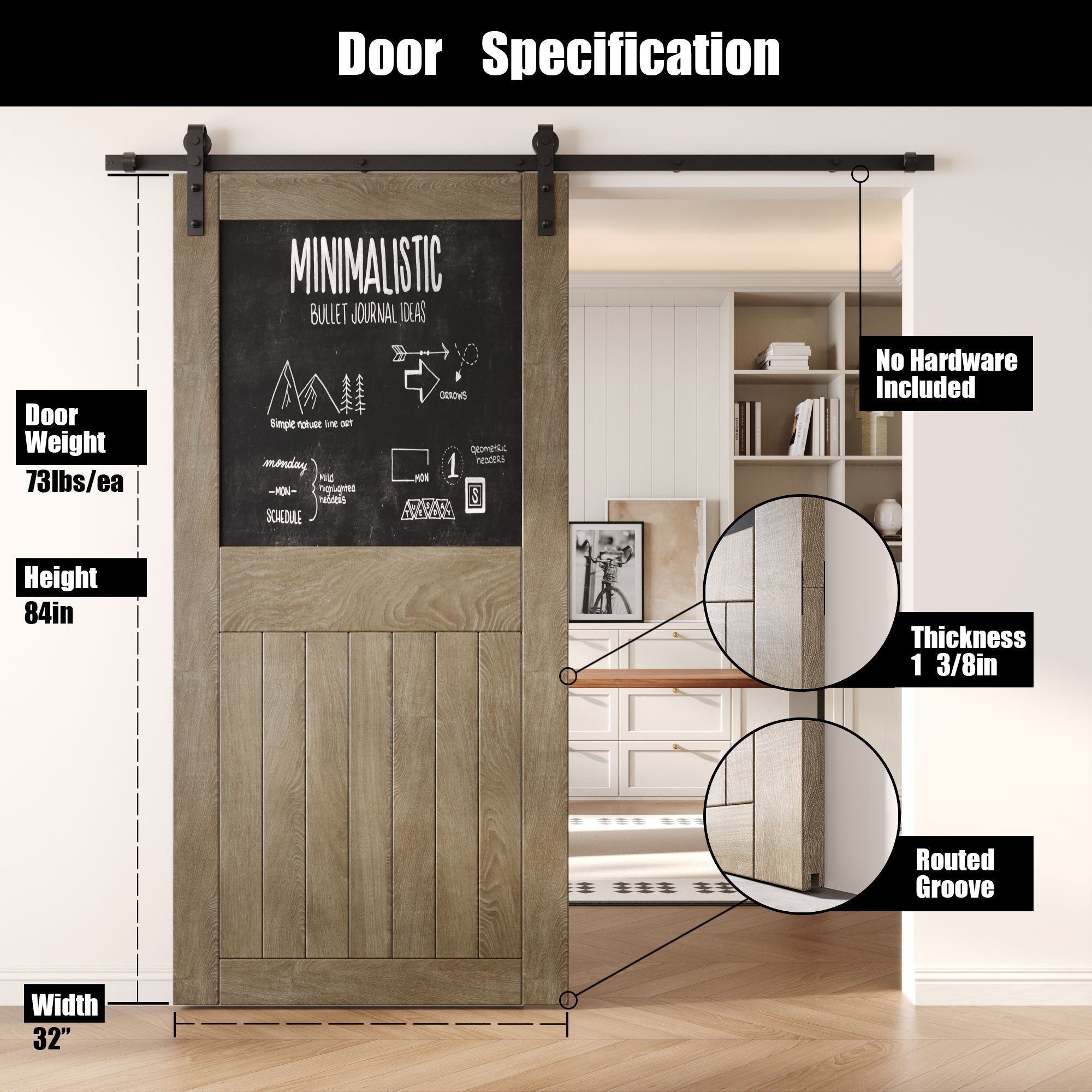 84" Height Classic Gray Top Chalkboard Panel Unassembled & Finished Pine Wood Barn Door (Interior Use Only)