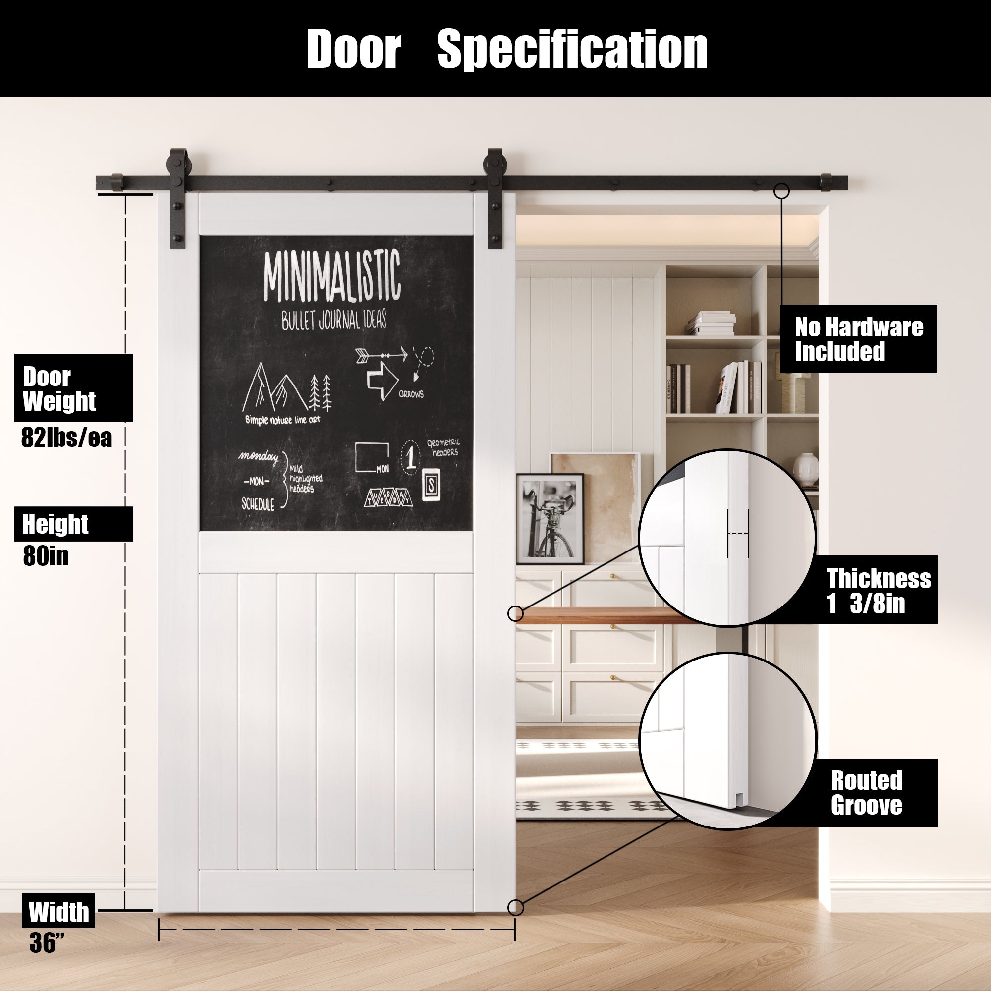 80" Height White Top Chalkboard Panel Unassembled & Finished Pine Wood Barn Door (Interior Use Only)