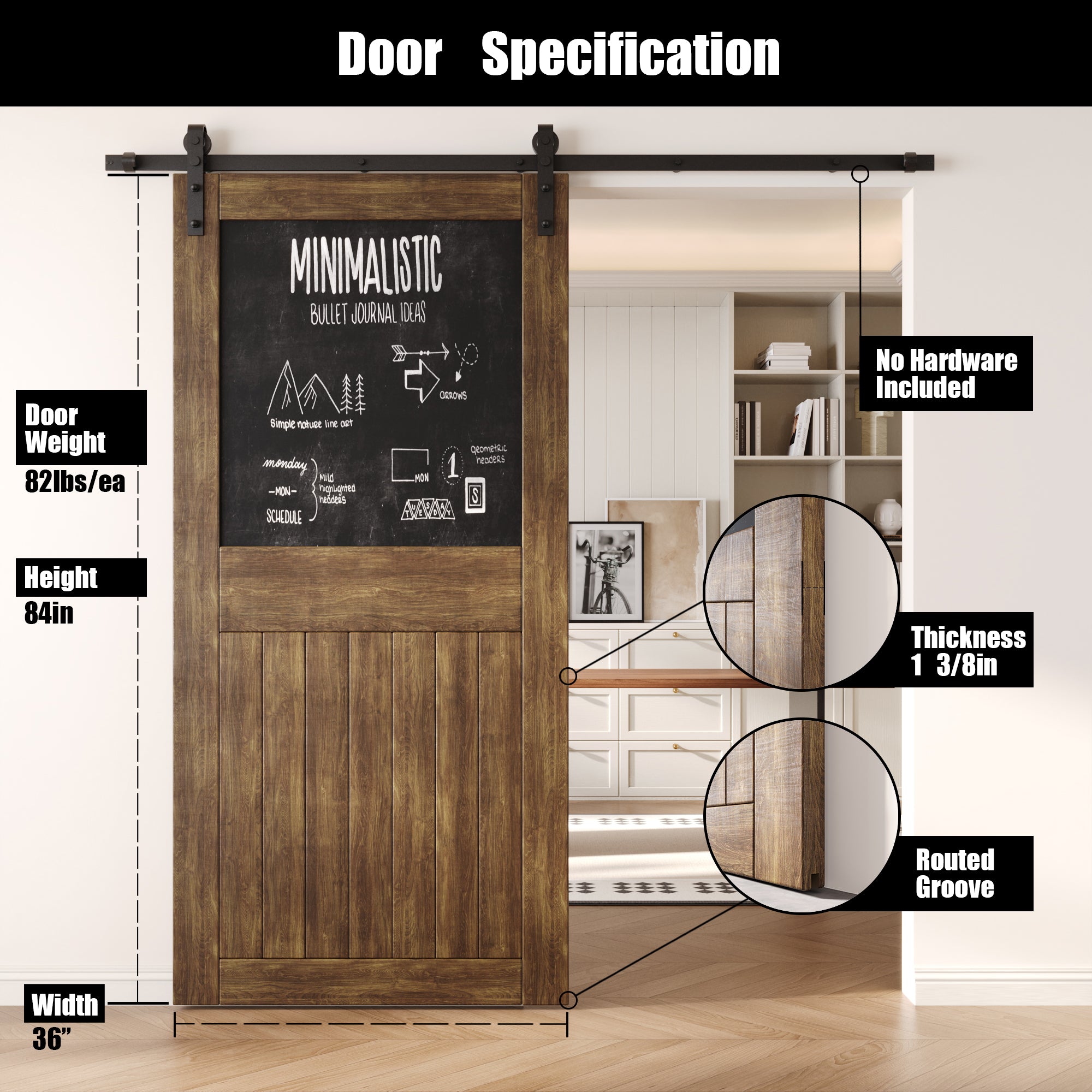 84" Height Dark Walnut Top Chalkboard Panel Unassembled & Finished Pine Wood Barn Door (Interior Use Only)
