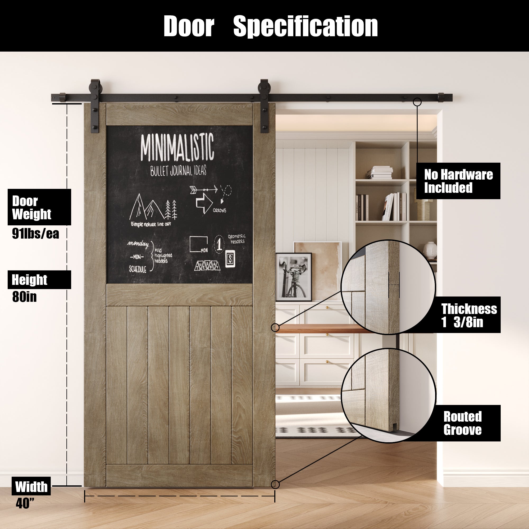 80" Height Classic Gray Top Chalkboard Panel Unassembled & Finished Pine Wood Barn Door (Interior Use Only)