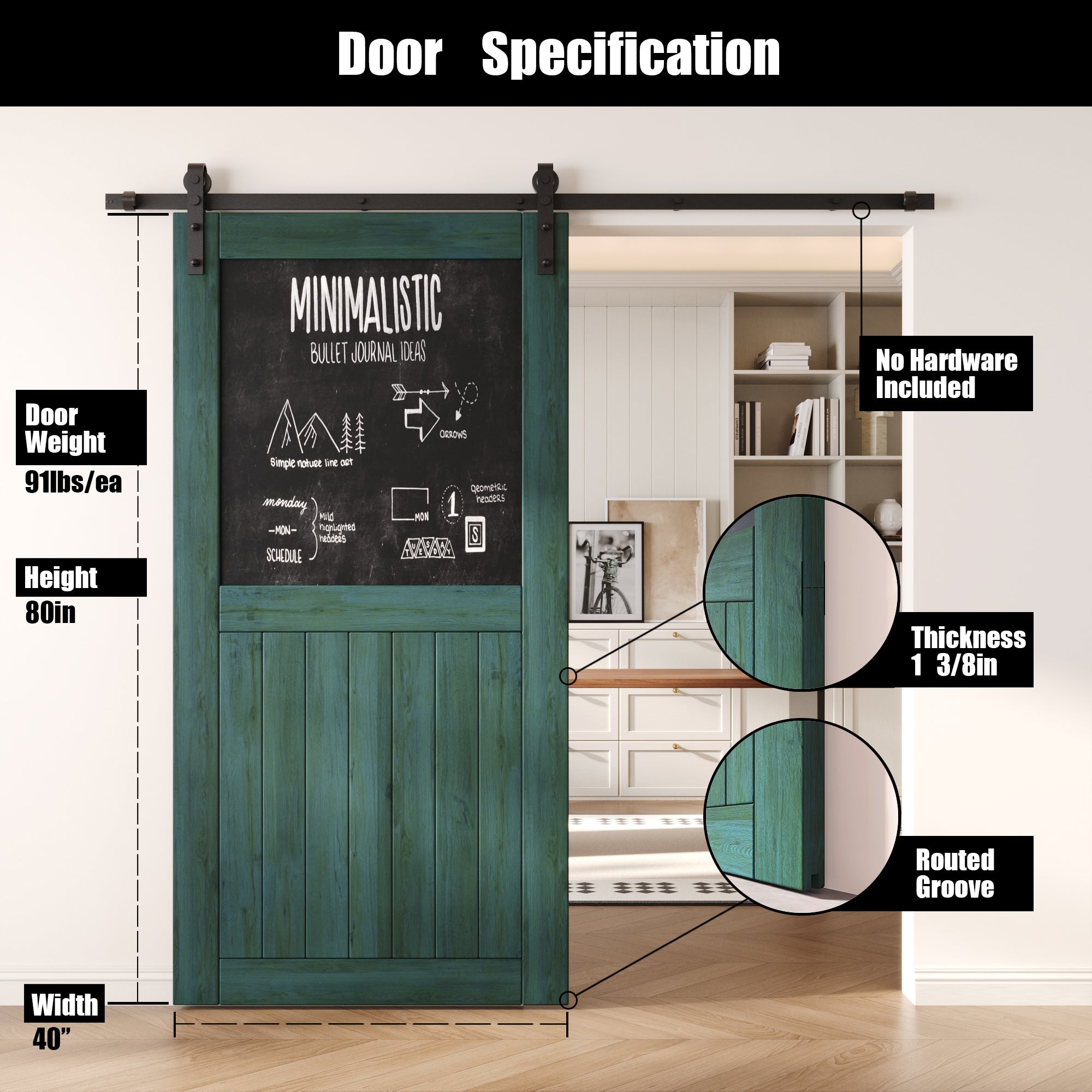 80" Height Royal Pine Top Chalkboard Panel Unassembled & Finished Pine Wood Barn Door (Interior Use Only)