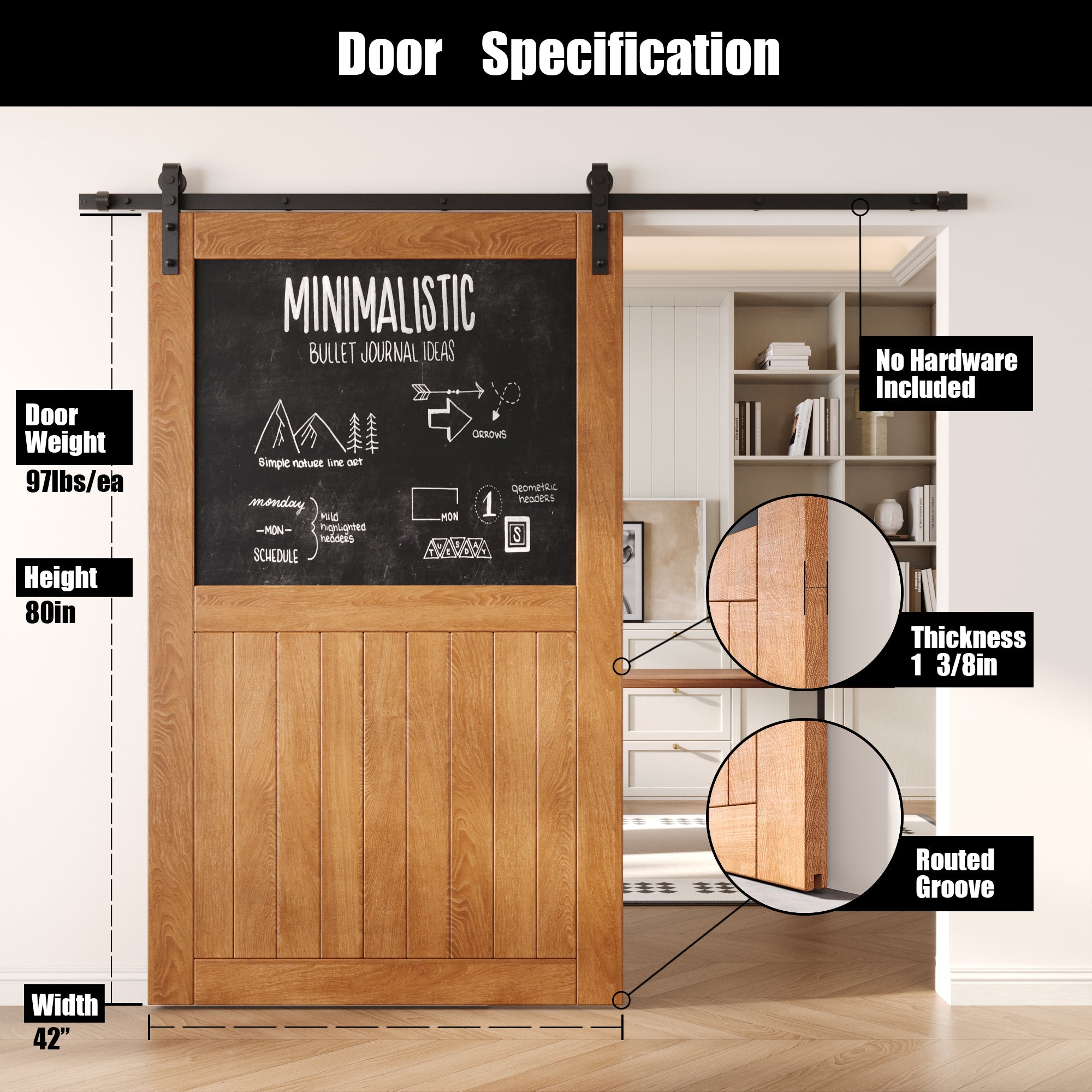 80" Height Early American Top Chalkboard Panel Unassembled & Finished Pine Wood Barn Door (Interior Use Only)