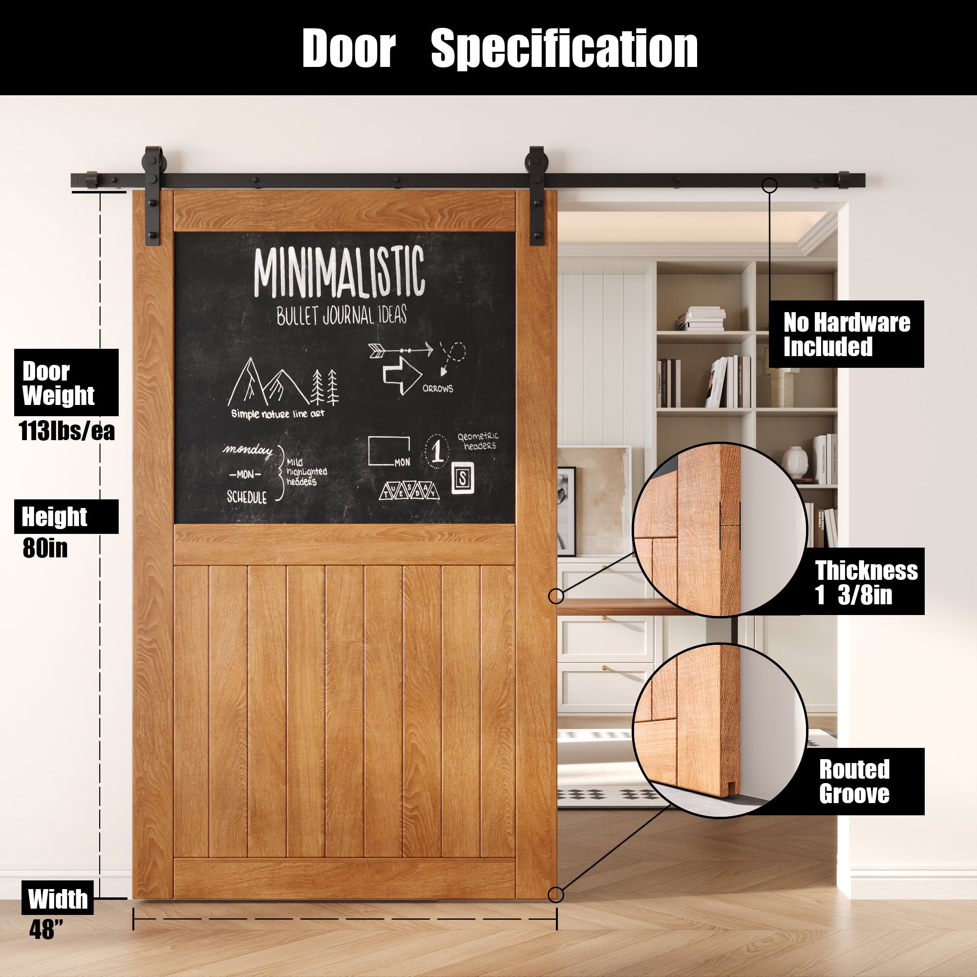 80" Height Early American Top Chalkboard Panel Unassembled & Finished Pine Wood Barn Door (Interior Use Only)