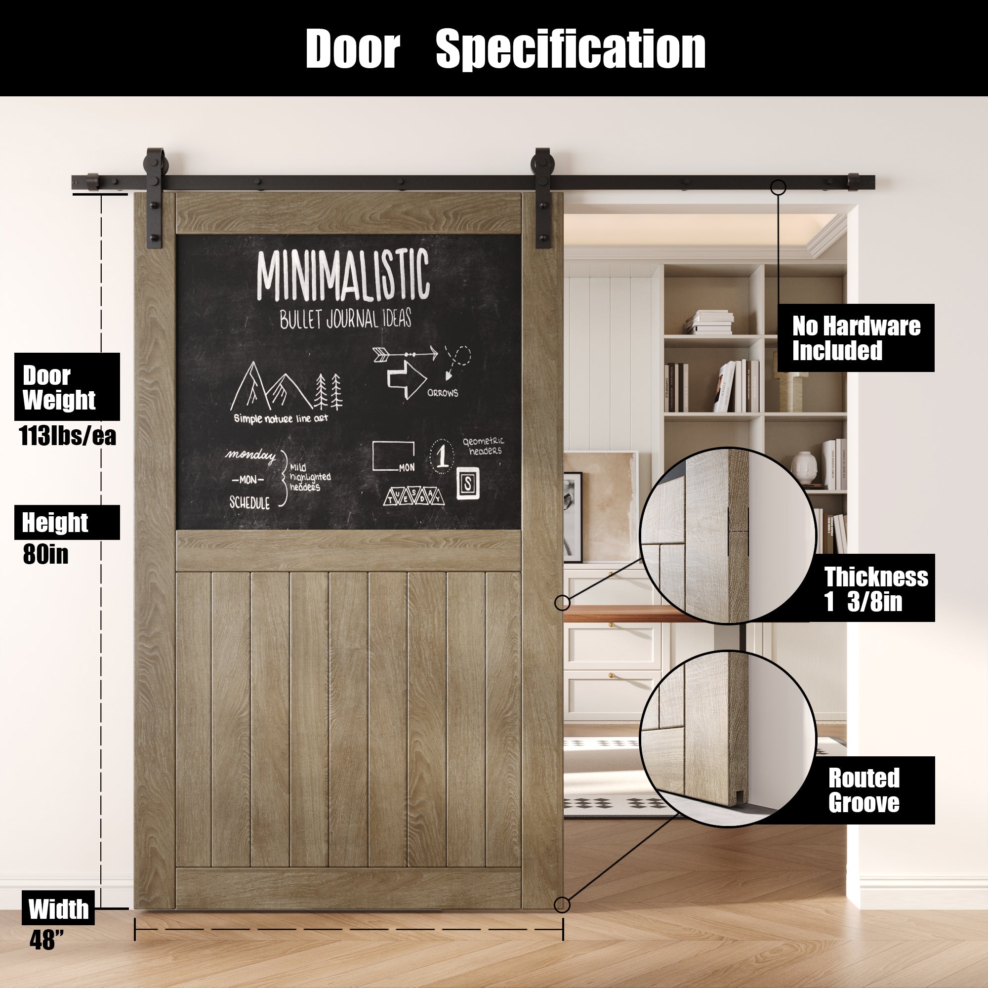 80" Height Classic Gray Top Chalkboard Panel Unassembled & Finished Pine Wood Barn Door (Interior Use Only)