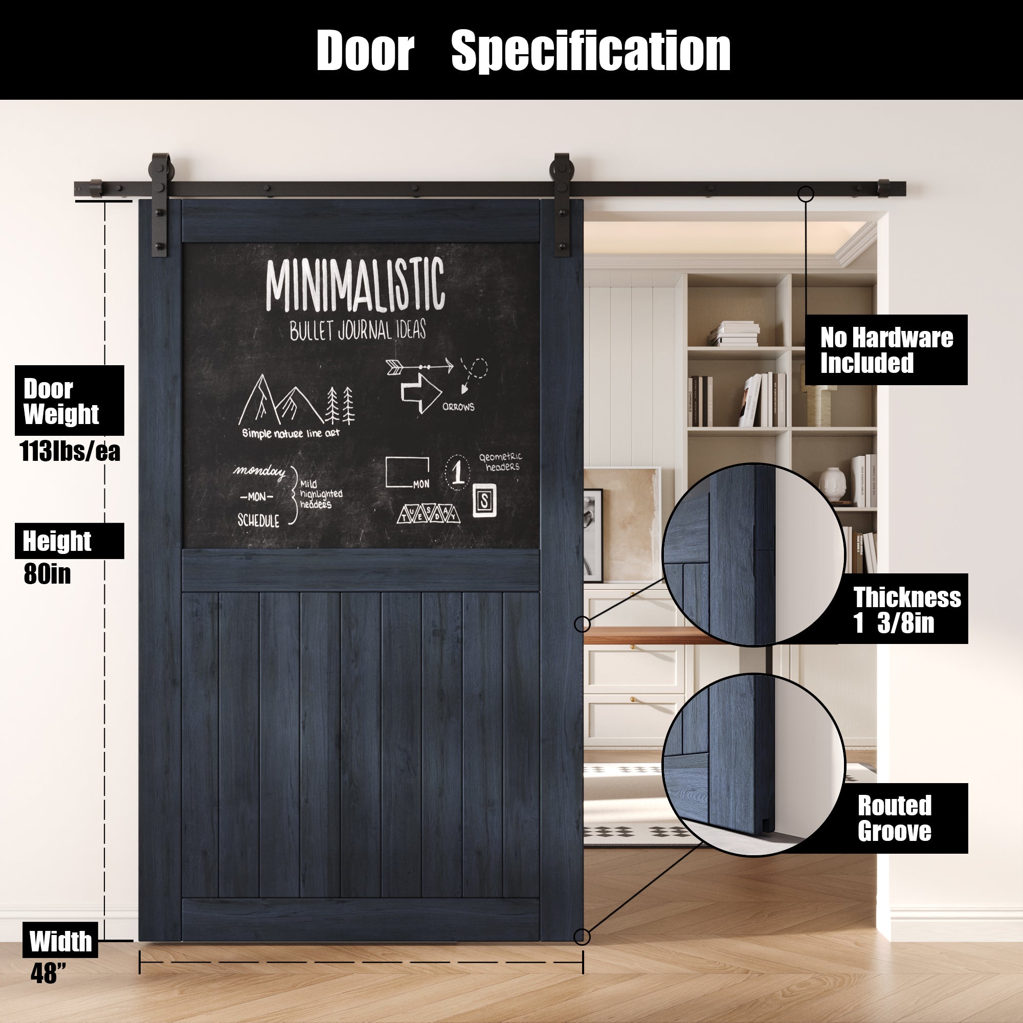 80" Height Navy Top Chalkboard Panel Unassembled & Finished Pine Wood Barn Door (Interior Use Only)