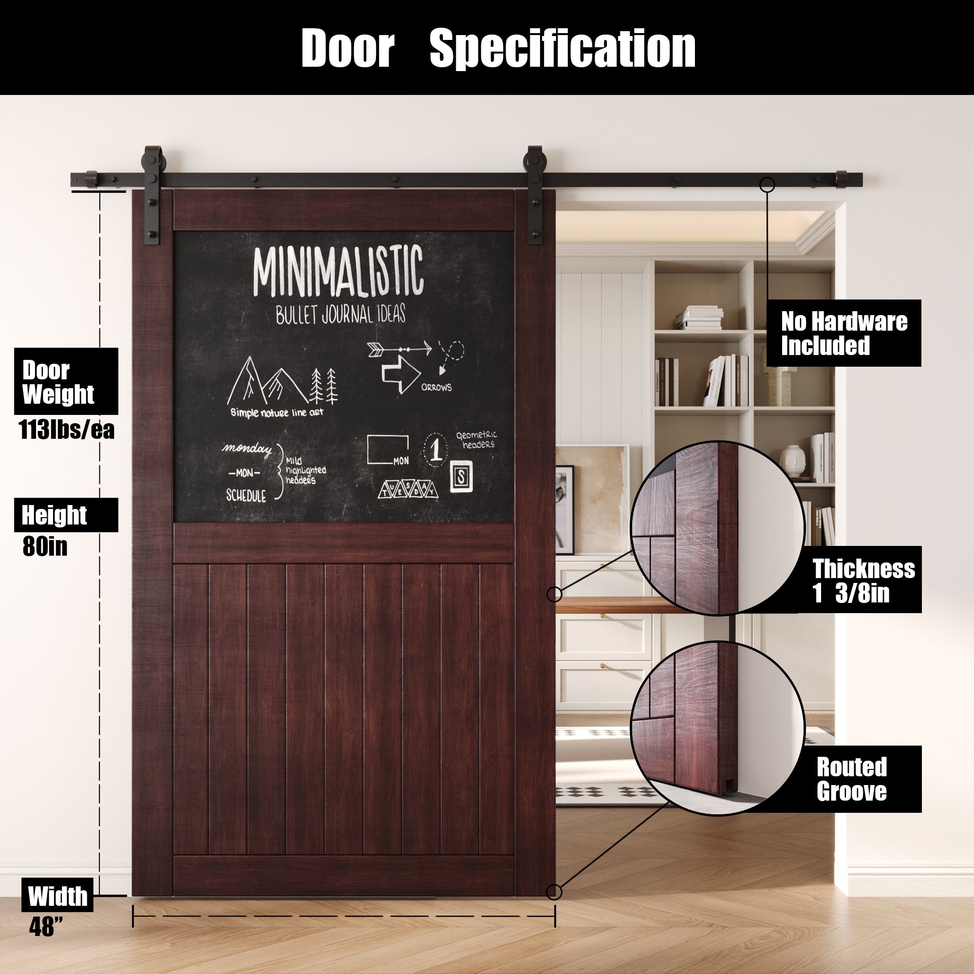 80" Height Red Mahogany Top Chalkboard Panel Unassembled & Finished Pine Wood Barn Door (Interior Use Only)