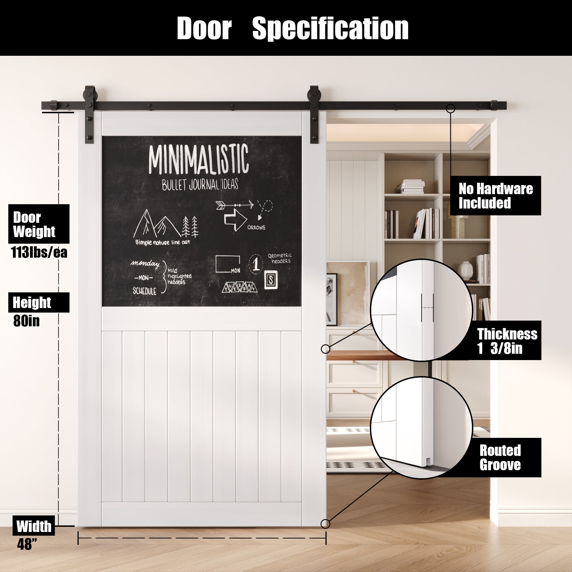 80" Height White Top Chalkboard Panel Unassembled & Finished Pine Wood Barn Door (Interior Use Only)