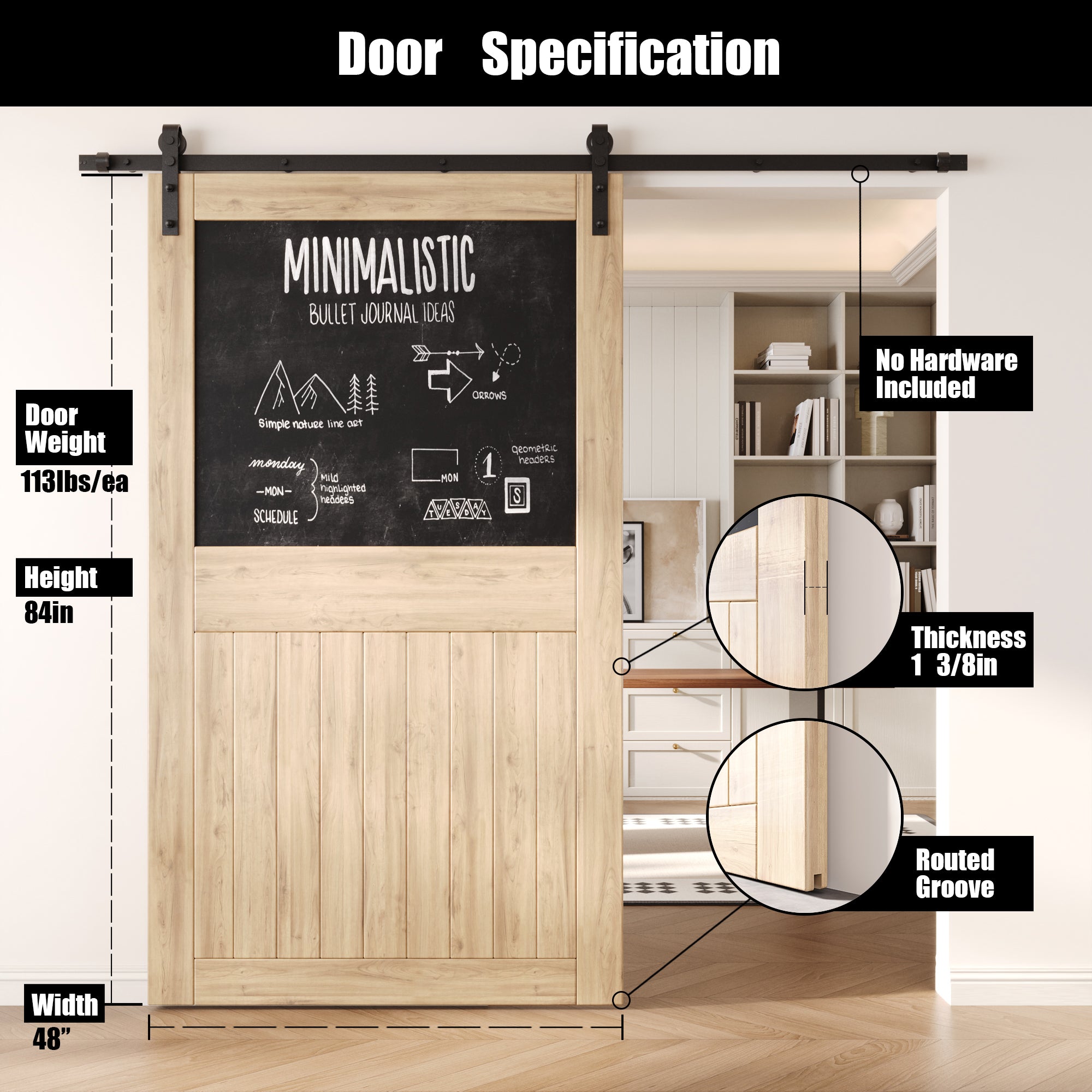 84" Height Top Chalkboard Panel Unassembled & Unfinished Pine Wood Barn Door (Interior Use Only)