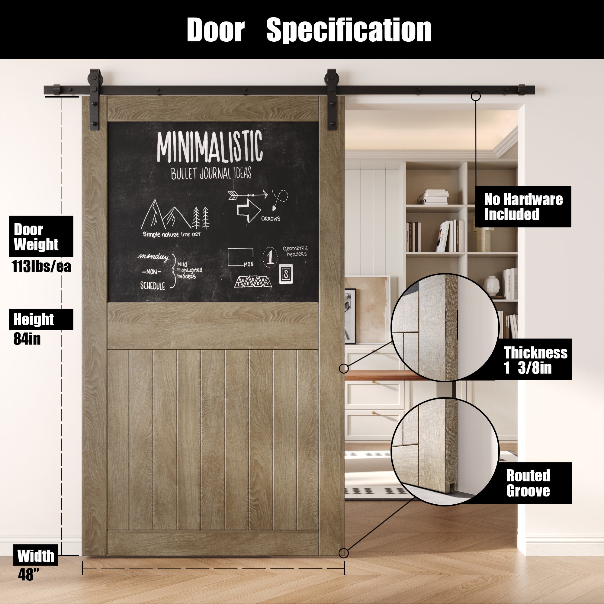 84" Height Classic Gray Top Chalkboard Panel Unassembled & Finished Pine Wood Barn Door (Interior Use Only)