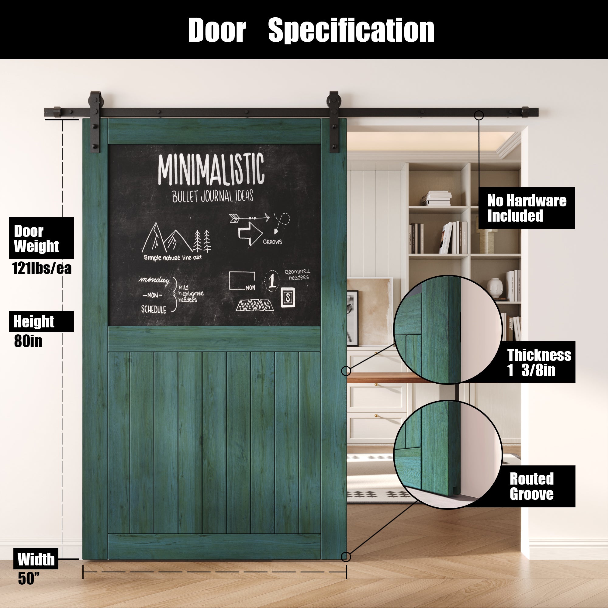 80" Height Royal Pine Top Chalkboard Panel Unassembled & Finished Pine Wood Barn Door (Interior Use Only)