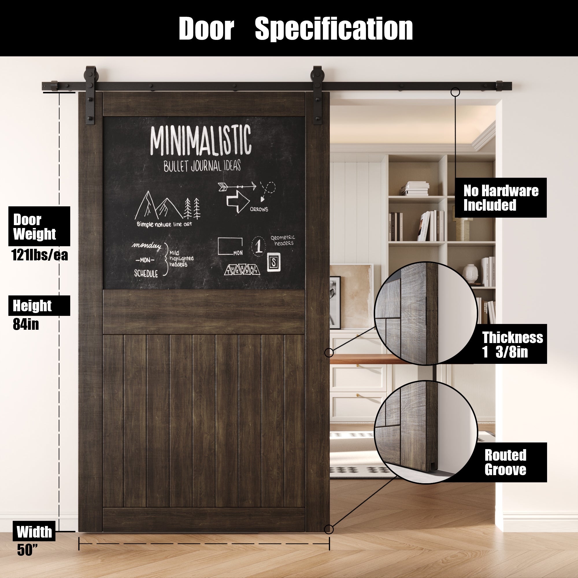 84" Height Ebony Top Chalkboard Panel Unassembled & Finished Pine Wood Barn Door (Interior Use Only)