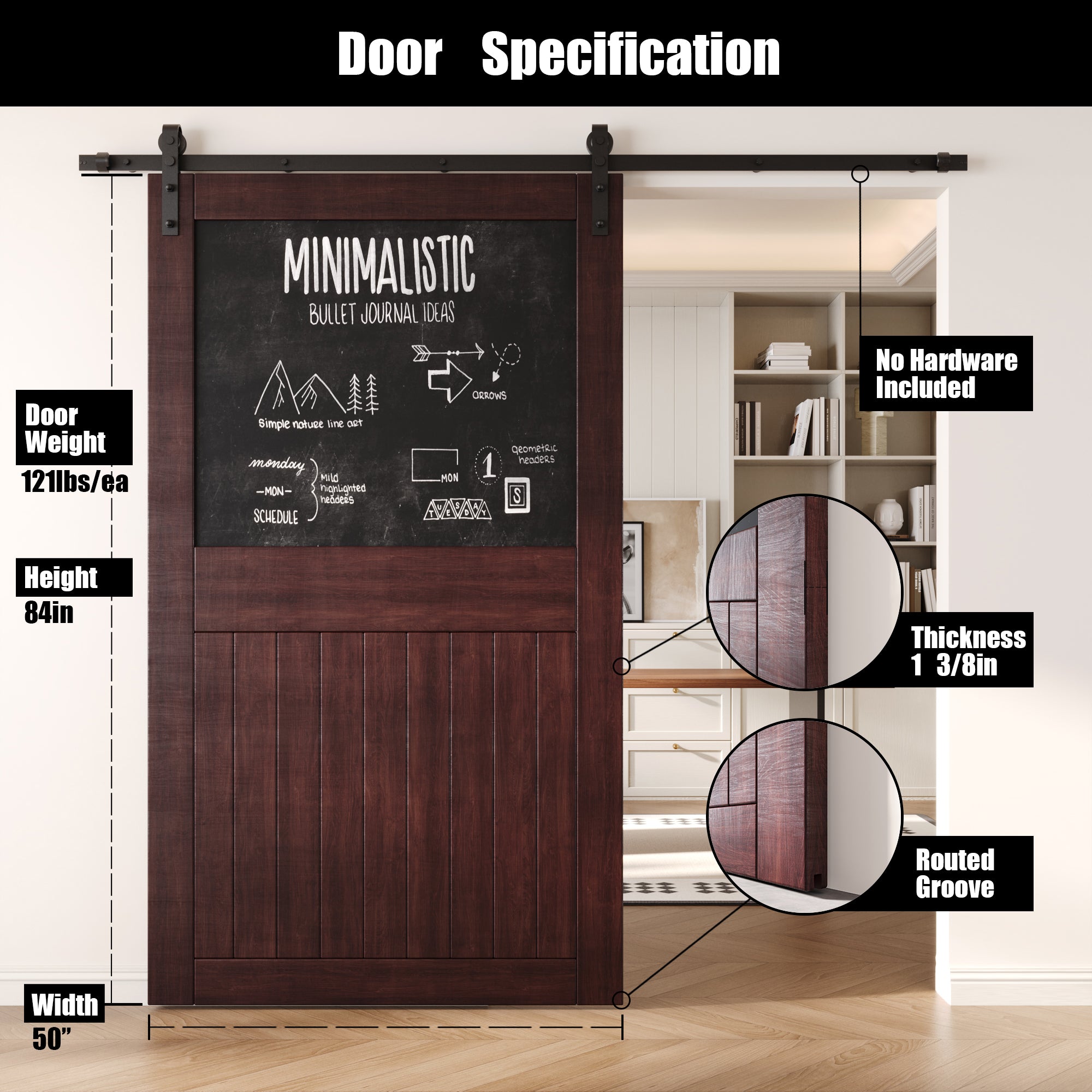 84" Height Red Mahogany Top Chalkboard Panel Unassembled & Finished Pine Wood Barn Door (Interior Use Only)