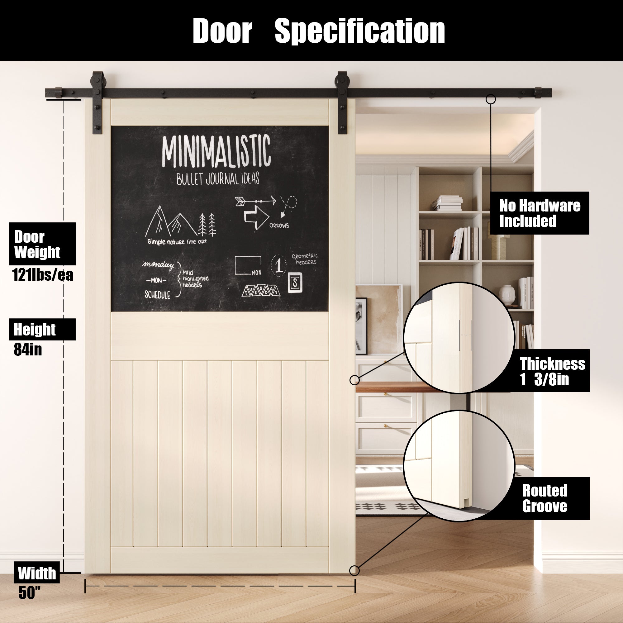 84" Height Tinsmith Gray Top Chalkboard Panel Unassembled & Finished Pine Wood Barn Door (Interior Use Only)