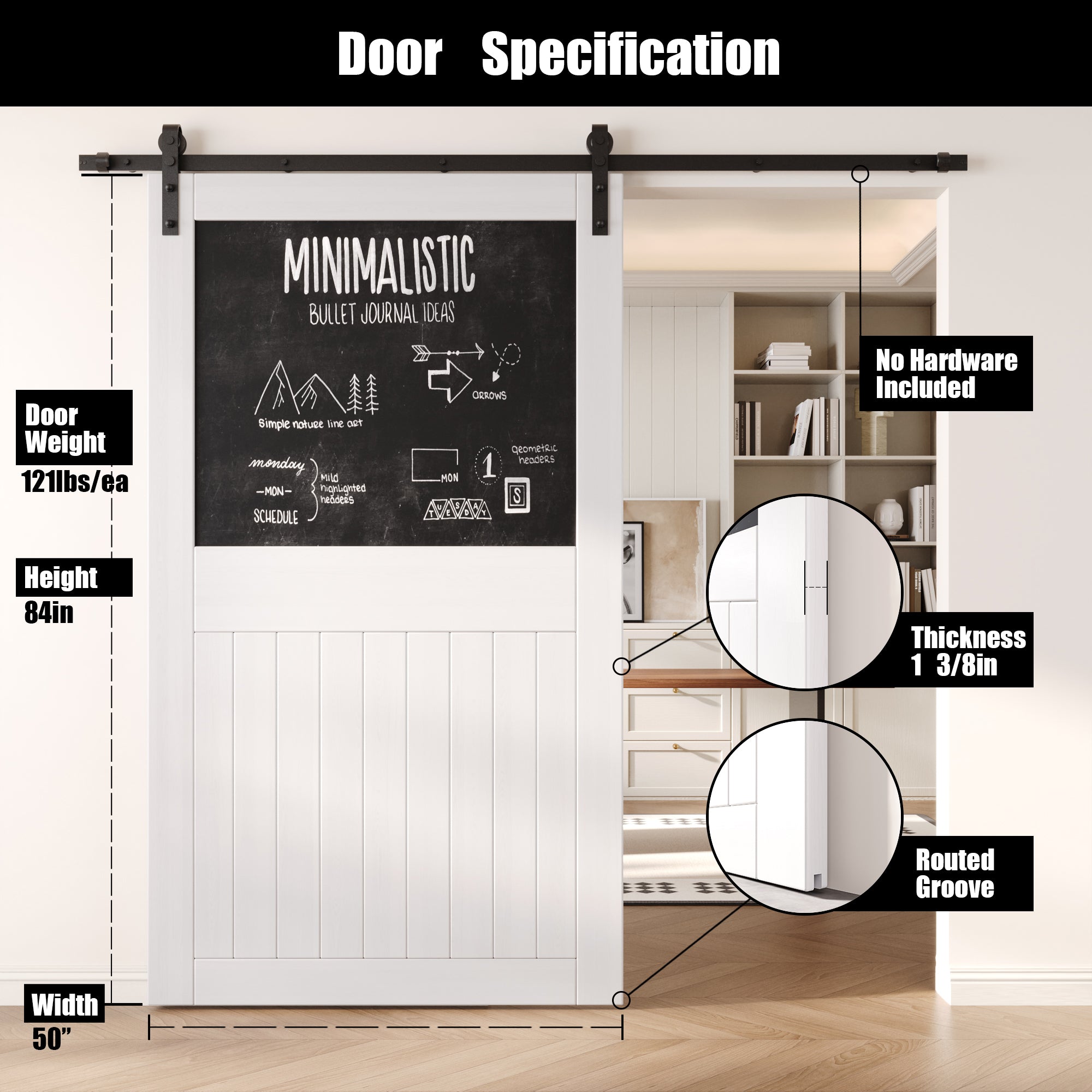 84" Height White Top Chalkboard Panel Unassembled & Finished Pine Wood Barn Door (Interior Use Only)