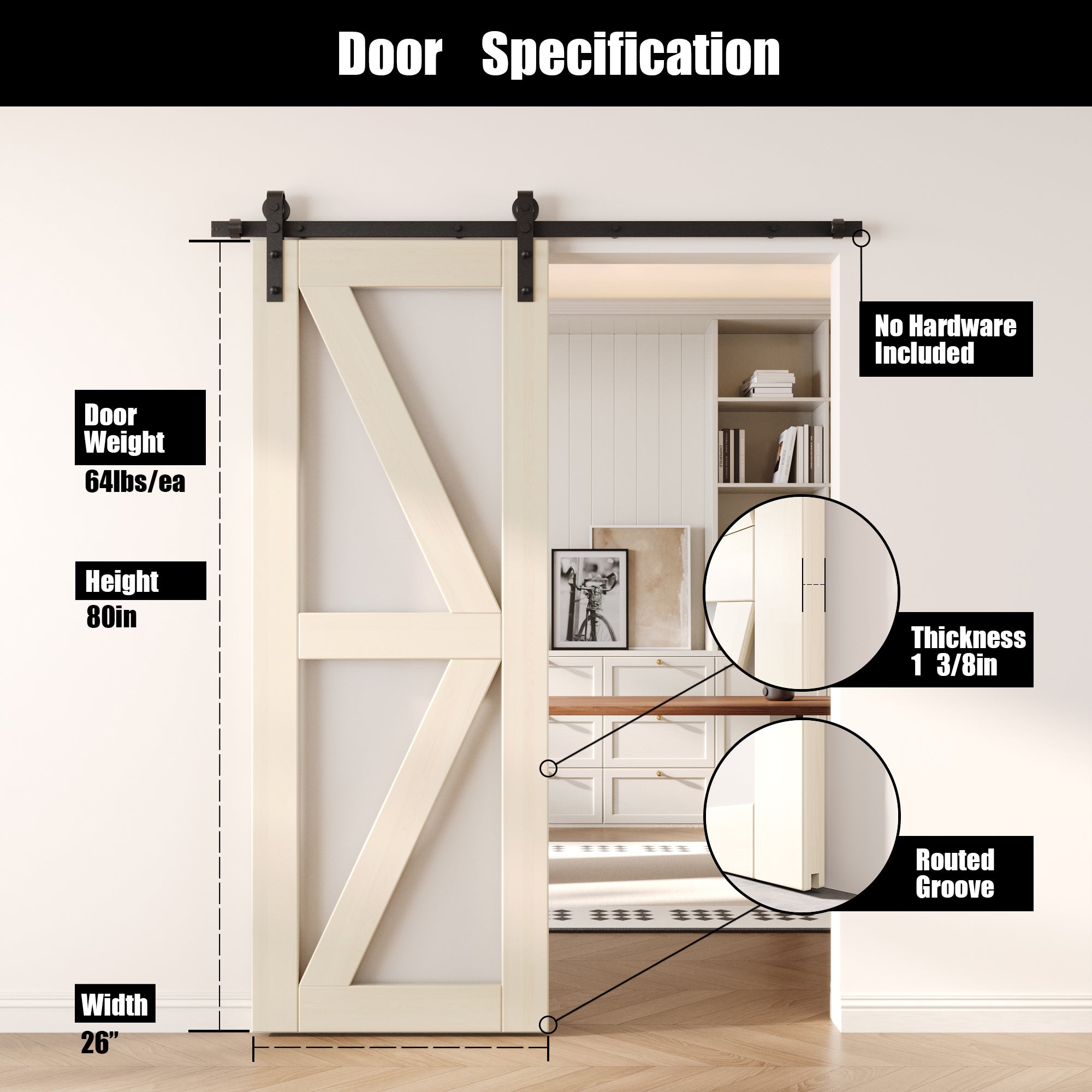 80" Height Tinsmith Gray Frosted Glass Arrow Design Unassembled & Finished Pine Wood Barn Door (Interior Use Only)
