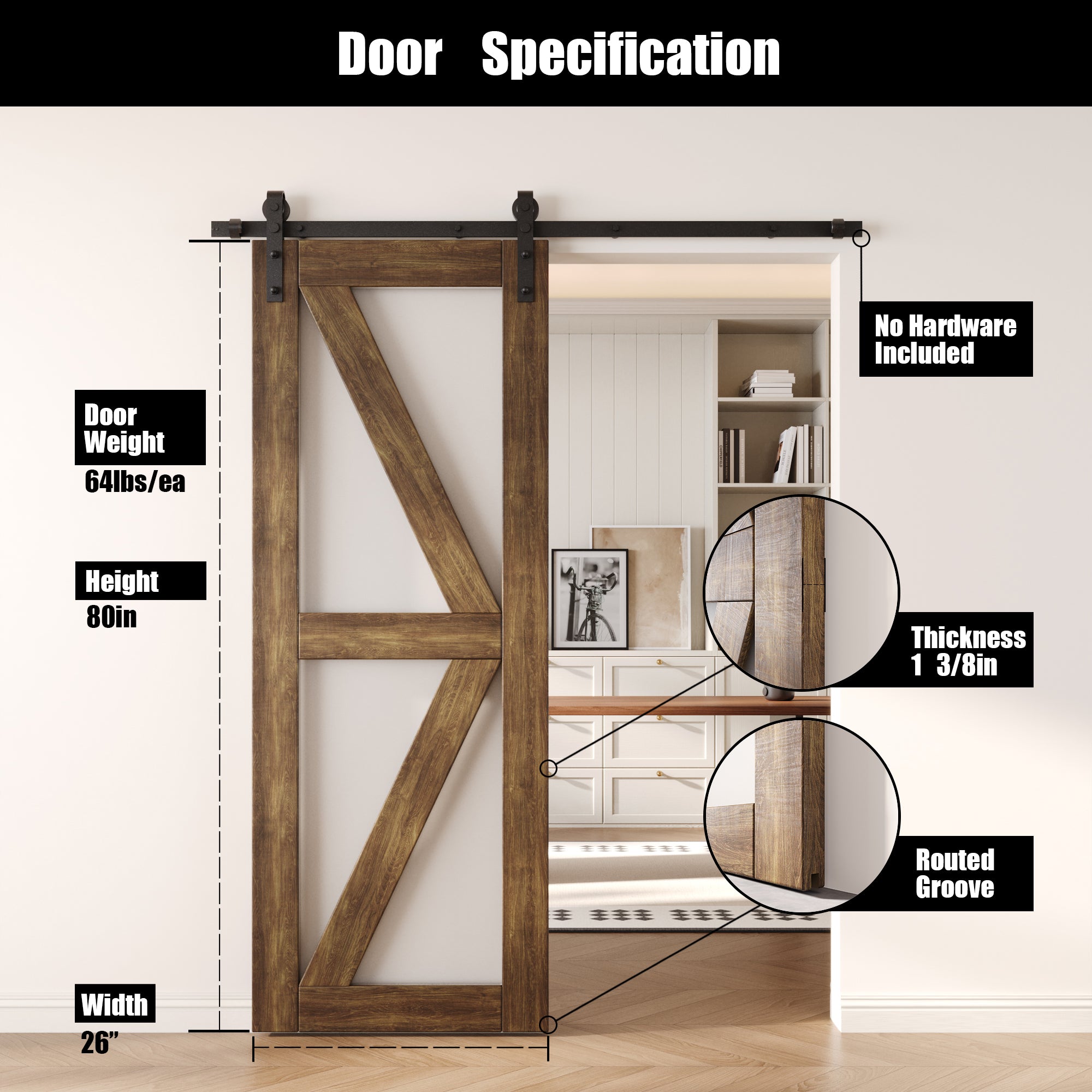80" Height Dark Walnut Frosted Glass Arrow Design Unassembled & Finished Pine Wood Barn Door (Interior Use Only)