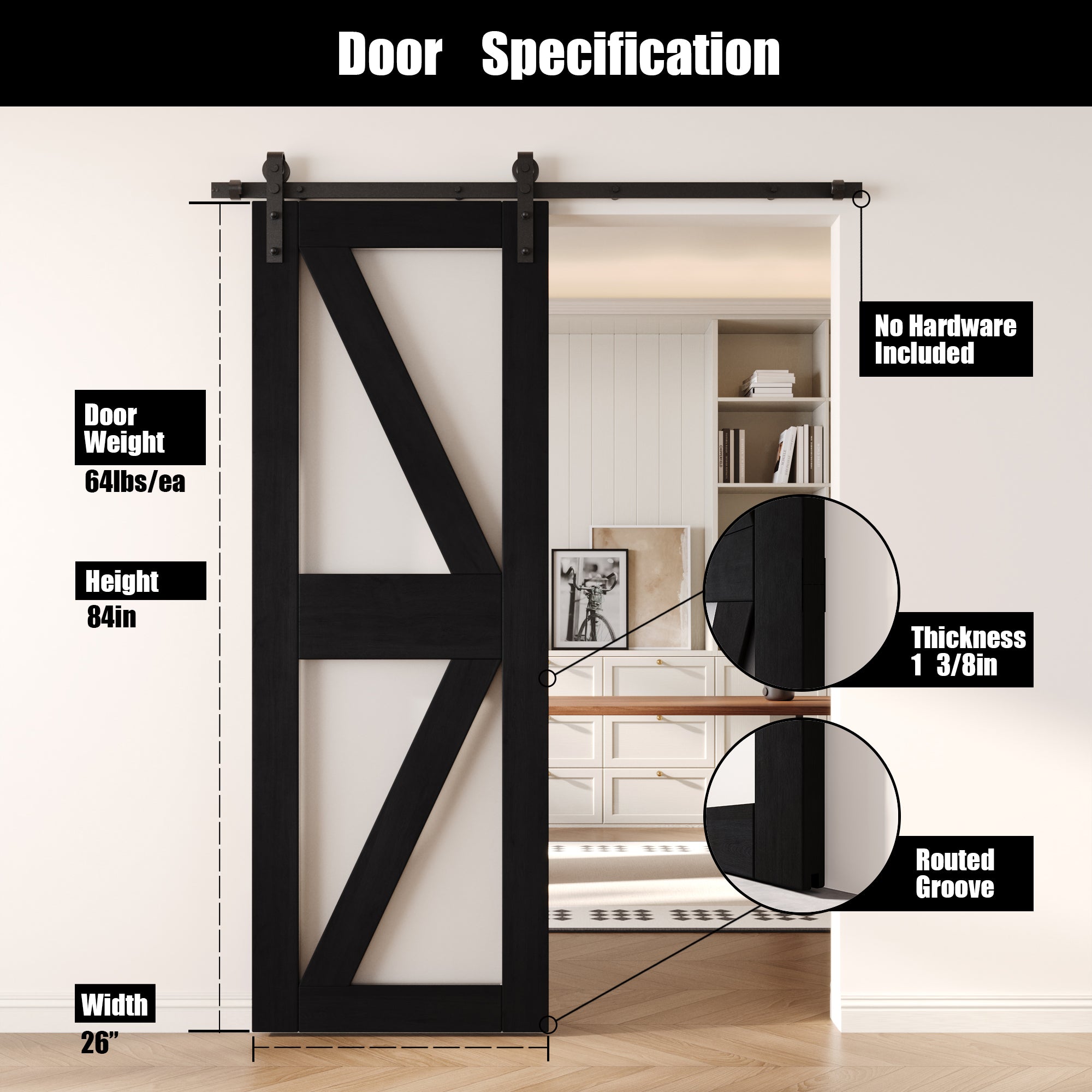 84" Height Black Frosted Glass Arrow Design Unassembled & Finished Pine Wood Barn Door (Interior Use Only)