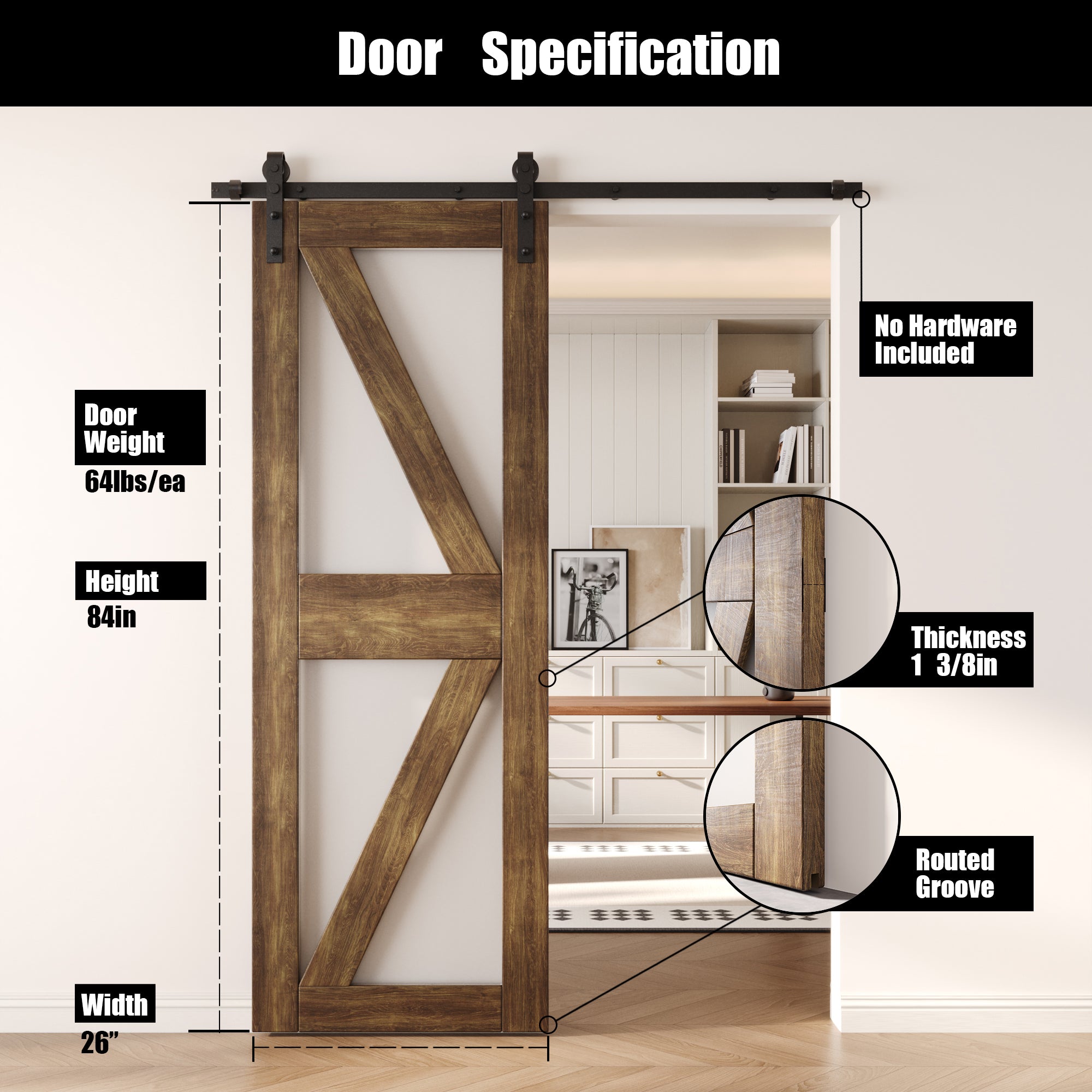 84" Height Dark Walnut Frosted Glass Arrow Design Unassembled & Finished Pine Wood Barn Door (Interior Use Only)