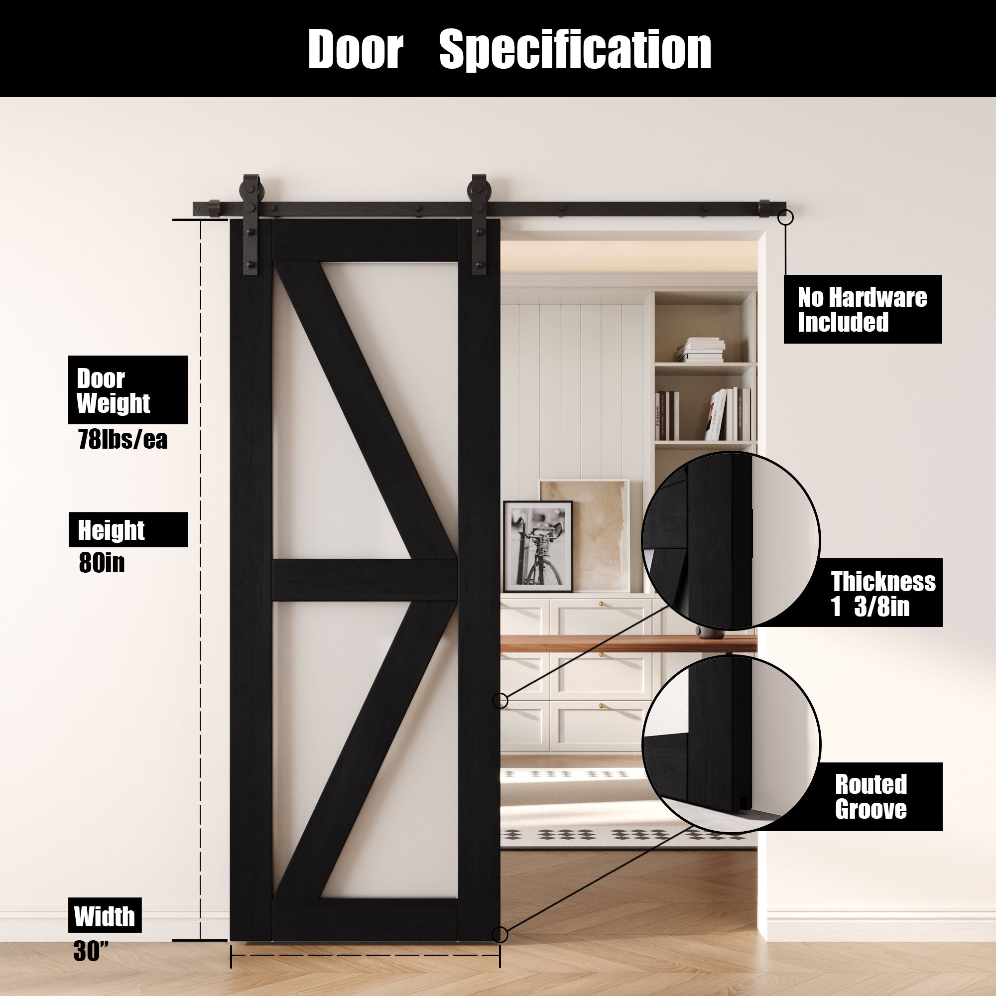80" Height Black Frosted Glass Arrow Design Unassembled & Finished Pine Wood Barn Door (Interior Use Only)