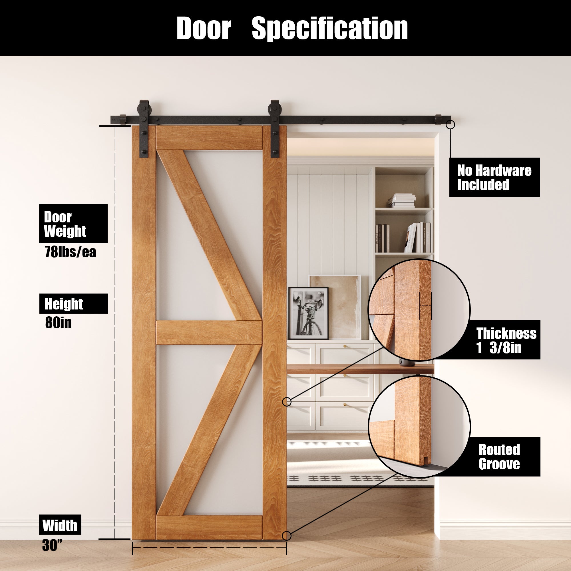 80" Height Early American Frosted Glass Arrow Design Unassembled & Finished Pine Wood Barn Door (Interior Use Only)