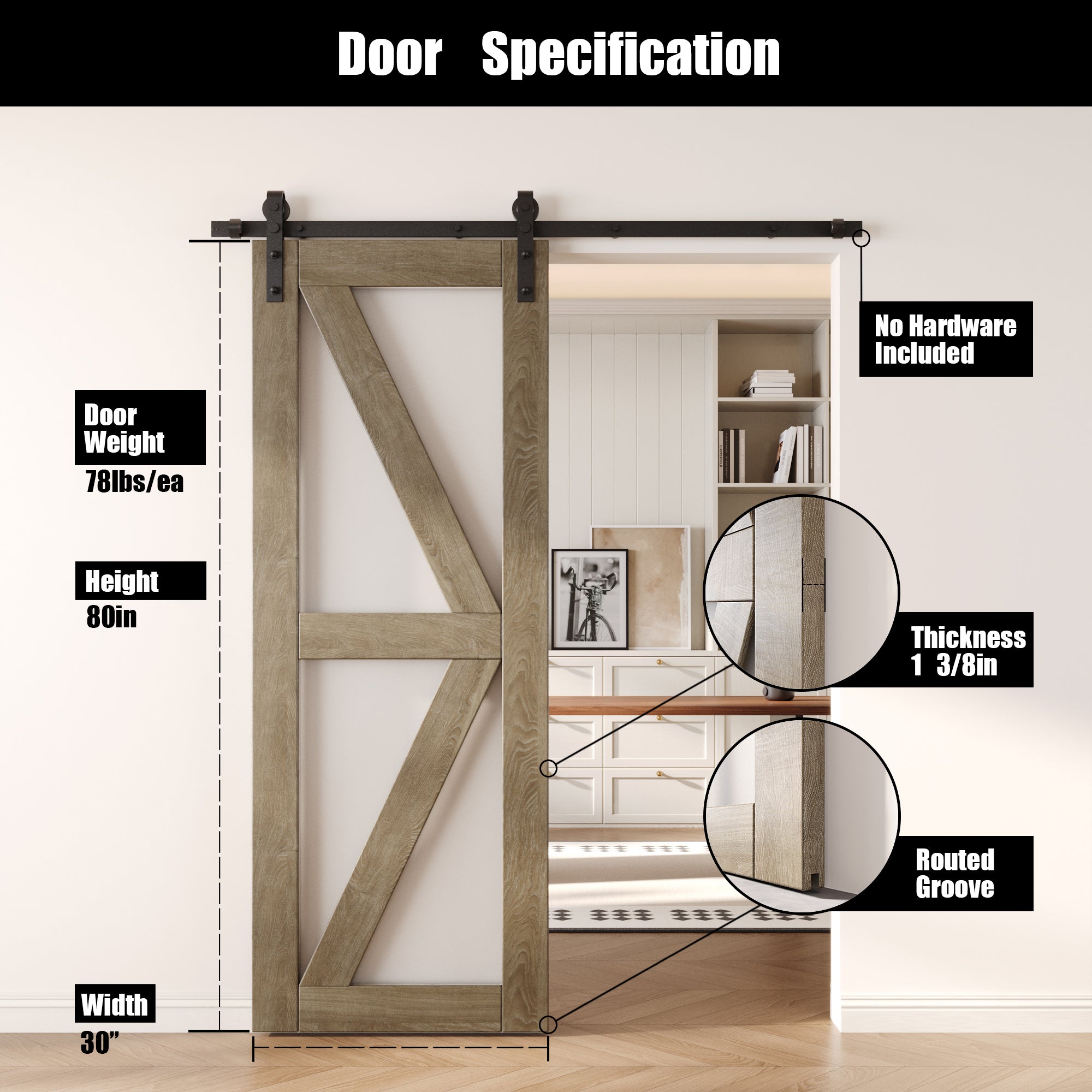 80" Height Classic Gray Frosted Glass Arrow Design Unassembled & Finished Pine Wood Barn Door (Interior Use Only)