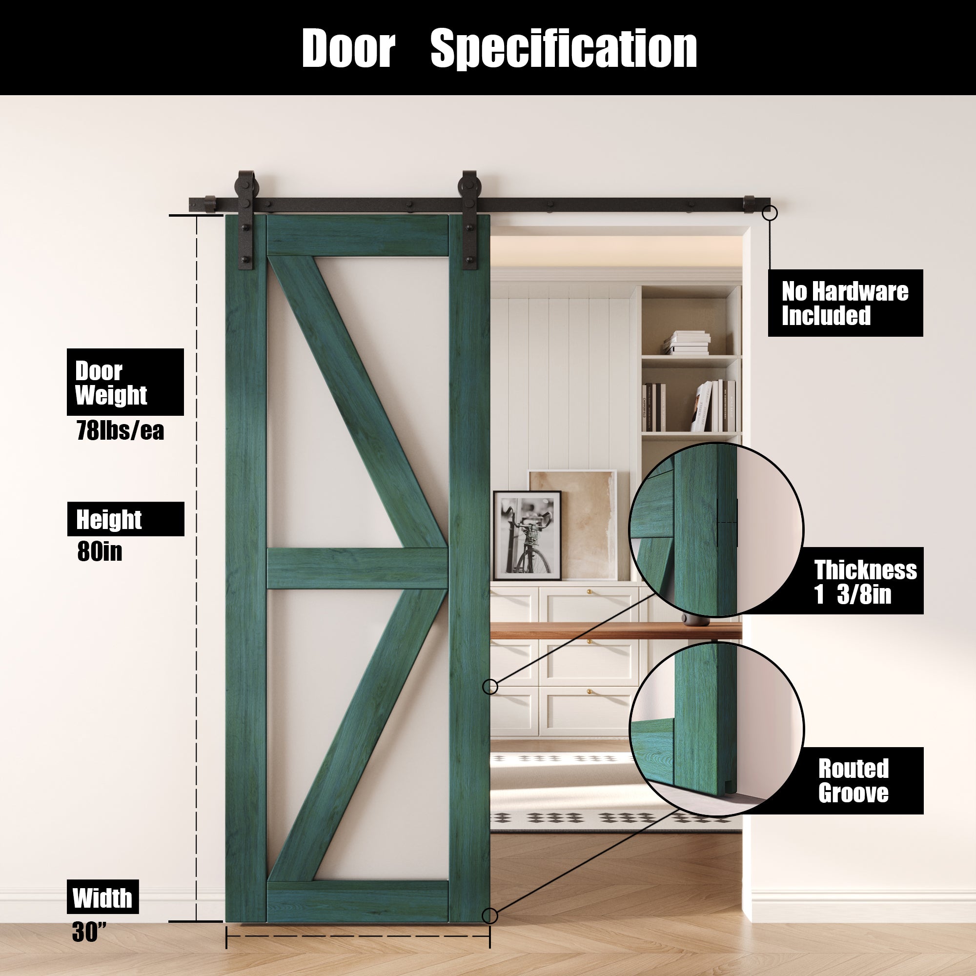 80" Height Royal Pine Frosted Glass Arrow Design Unassembled & Finished Pine Wood Barn Door (Interior Use Only)