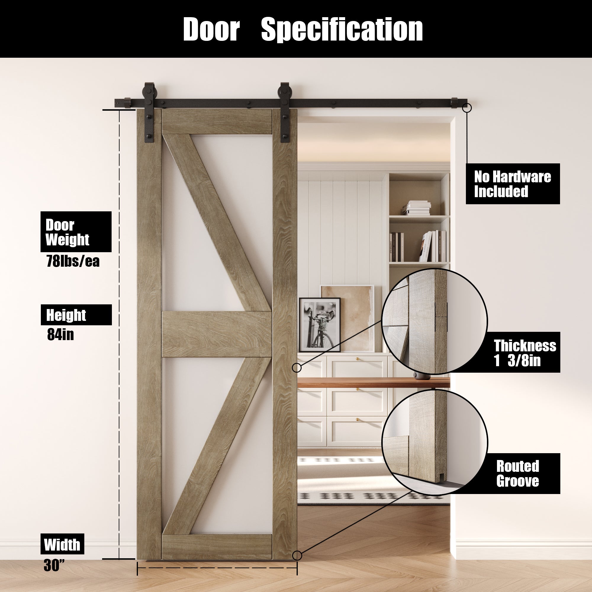 84" Height Classic Gray Frosted Glass Arrow Design Unassembled & Finished Pine Wood Barn Door (Interior Use Only)