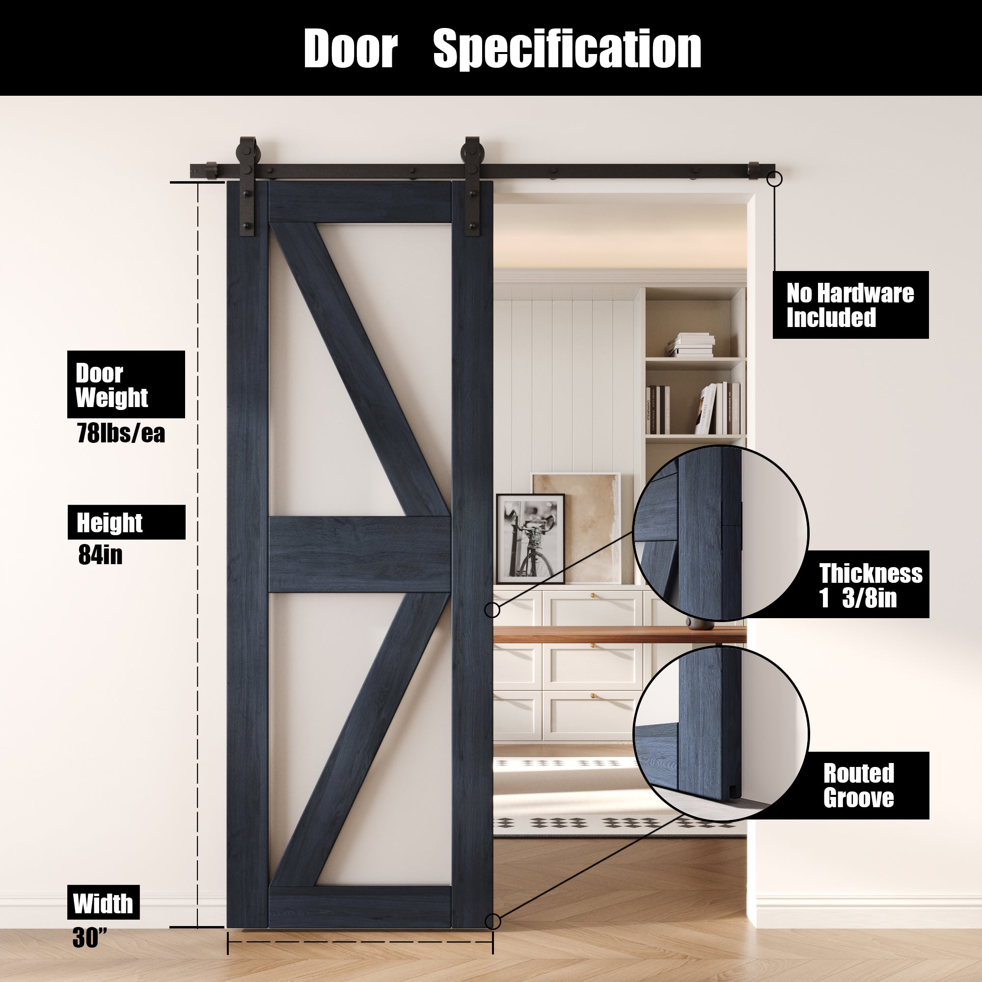 84" Height Navy Frosted Glass Arrow Design Unassembled & Finished Pine Wood Barn Door (Interior Use Only)