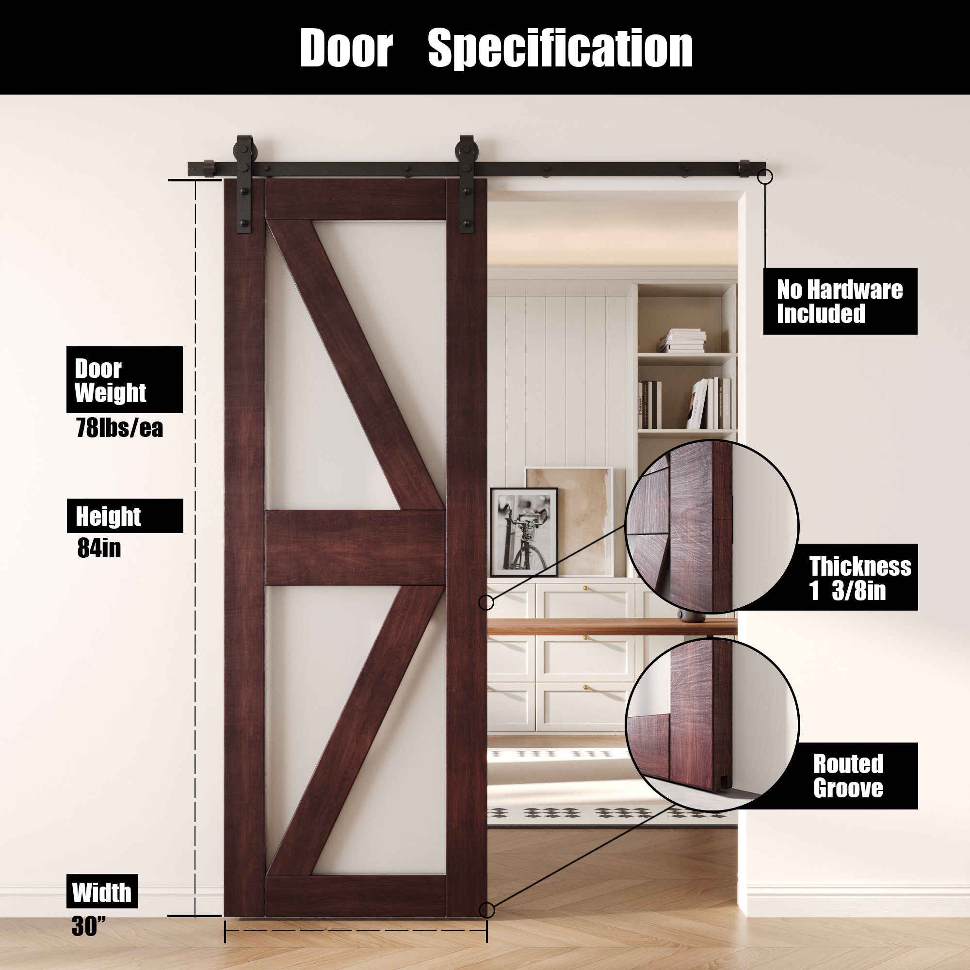 84" Height Red Mahogany Frosted Glass Arrow Design Unassembled & Finished Pine Wood Barn Door (Interior Use Only)