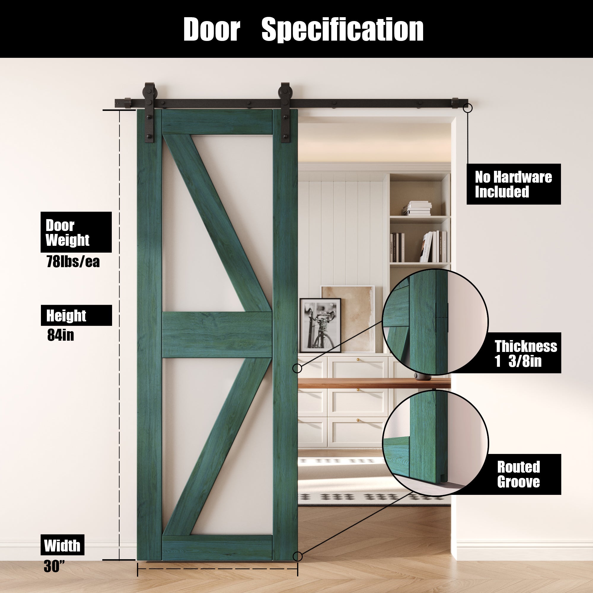 84" Height Royal Pine Frosted Glass Arrow Design Unassembled & Finished Pine Wood Barn Door (Interior Use Only)