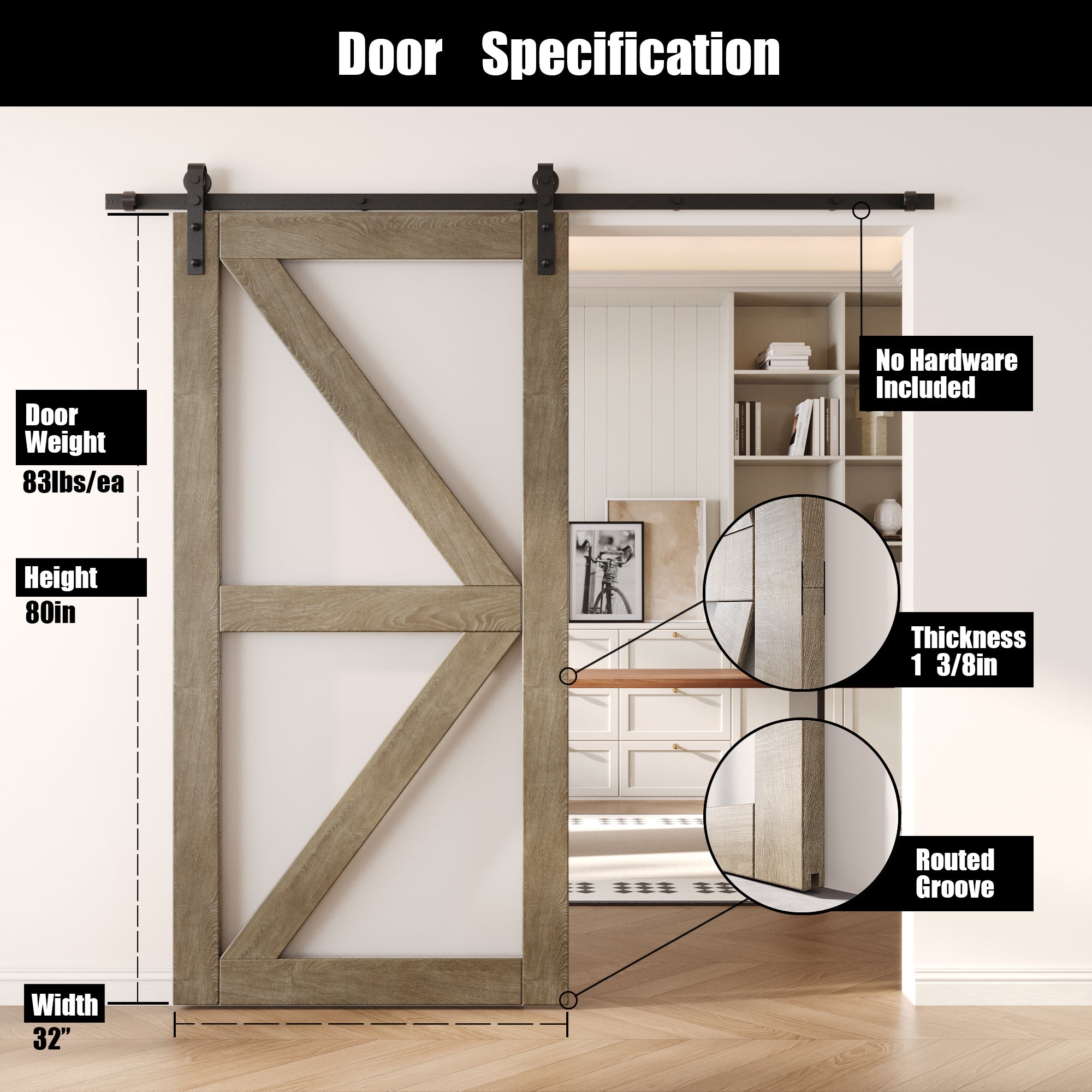 80" Height Classic Gray Frosted Glass Arrow Design Unassembled & Finished Pine Wood Barn Door (Interior Use Only)