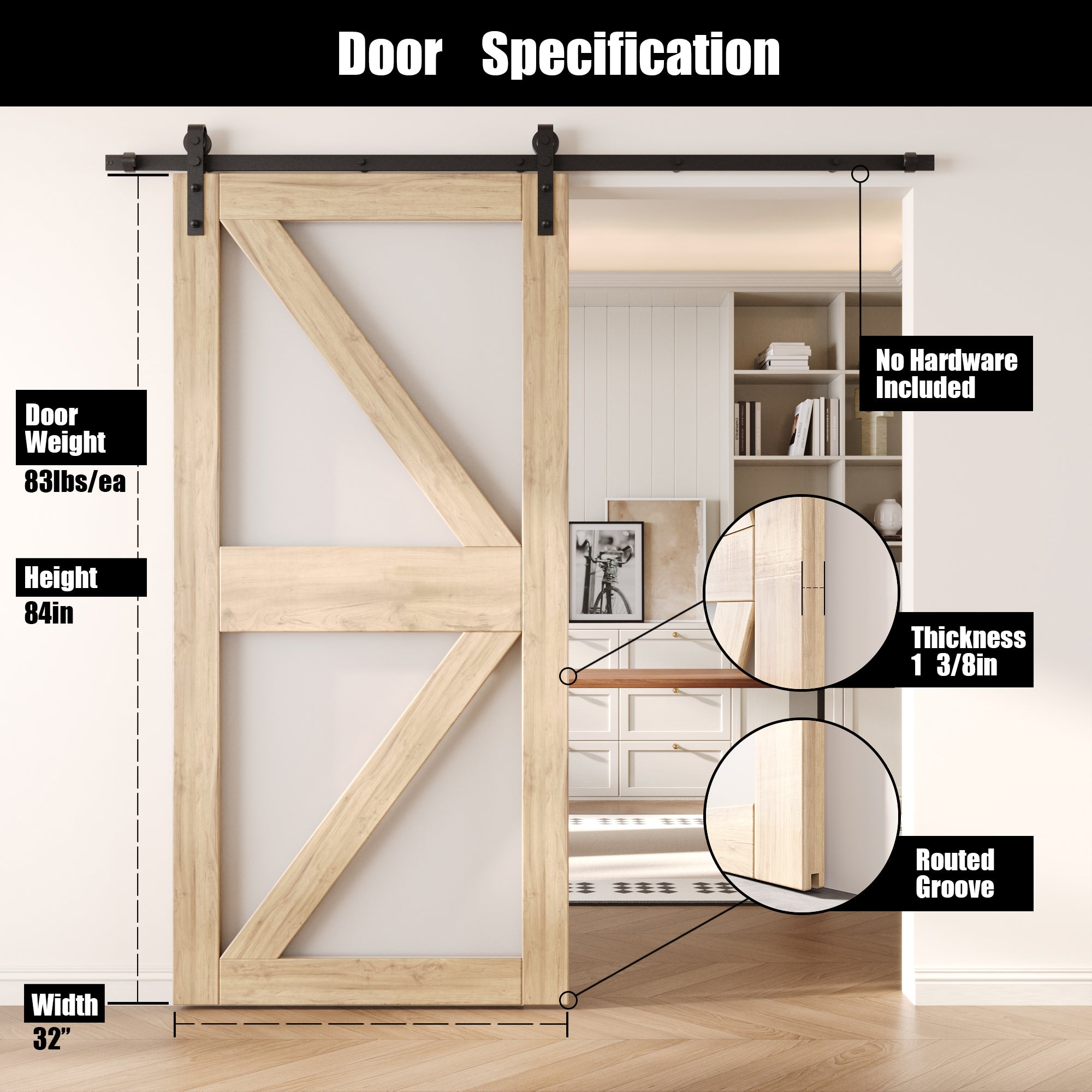 84" Height Arrow Pattern Glass Unassembled & Unfinished Pine Wood Barn Door (Interior Use Only)