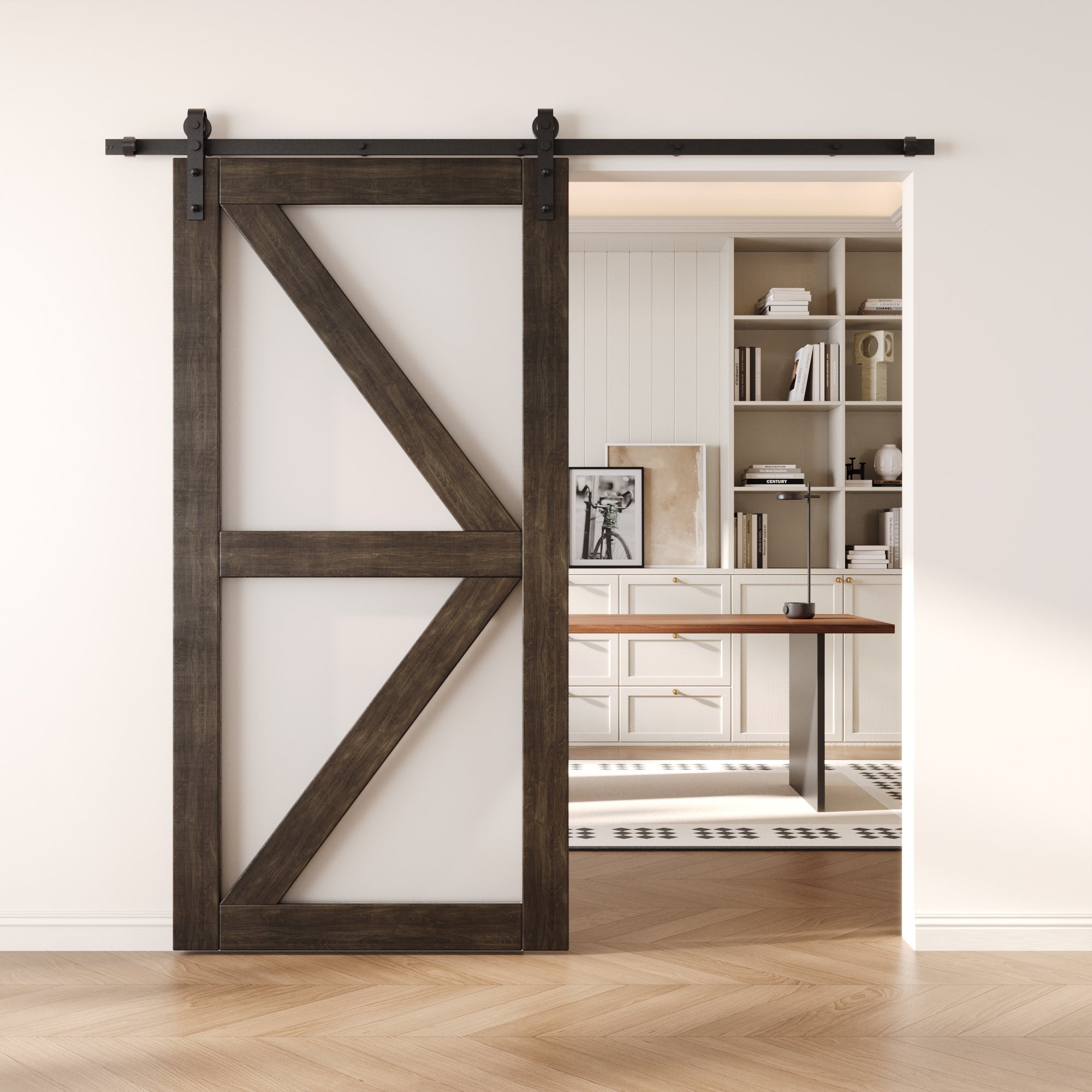 80" Height Ebony Frosted Glass Arrow Design Unassembled & Finished Pine Wood Barn Door (Interior Use Only)